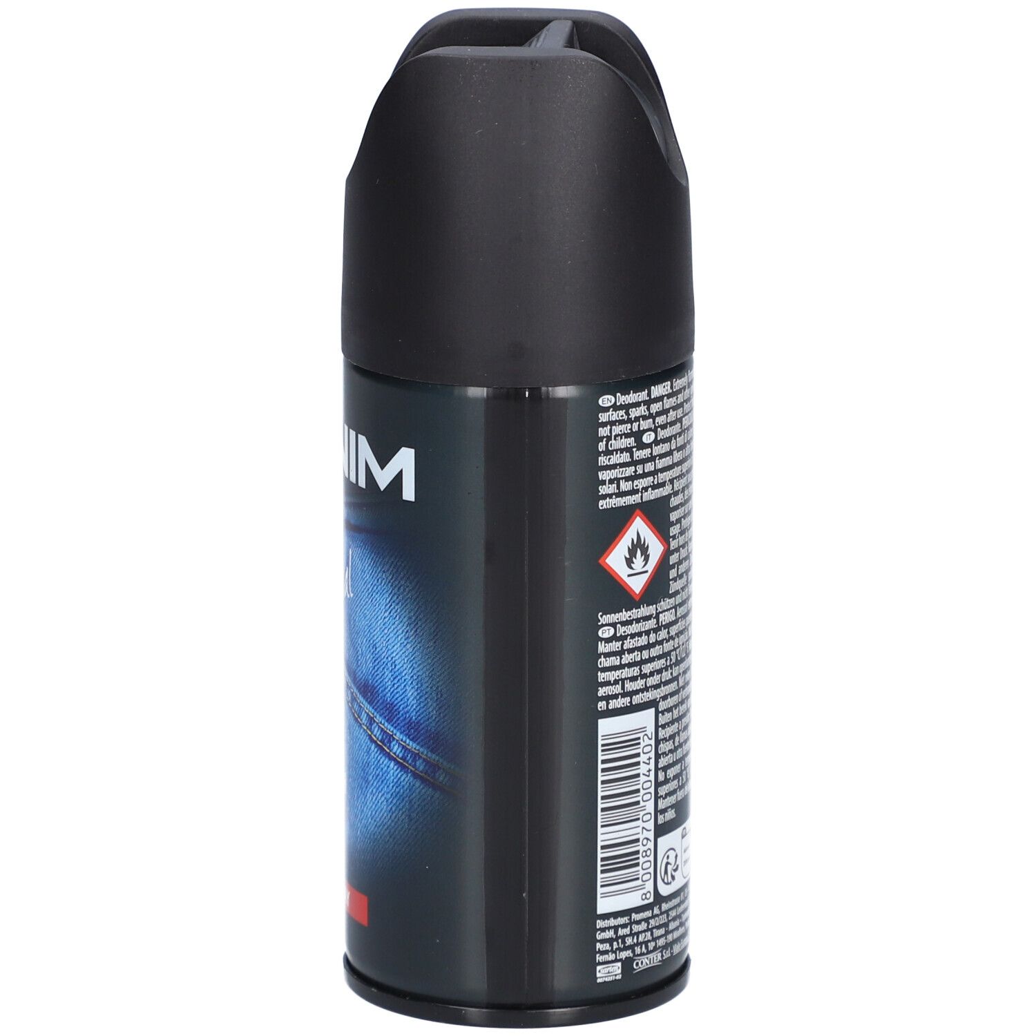 Seite der Denim Original Deo Spray Dose mit Warnsymbolen und Barcode.