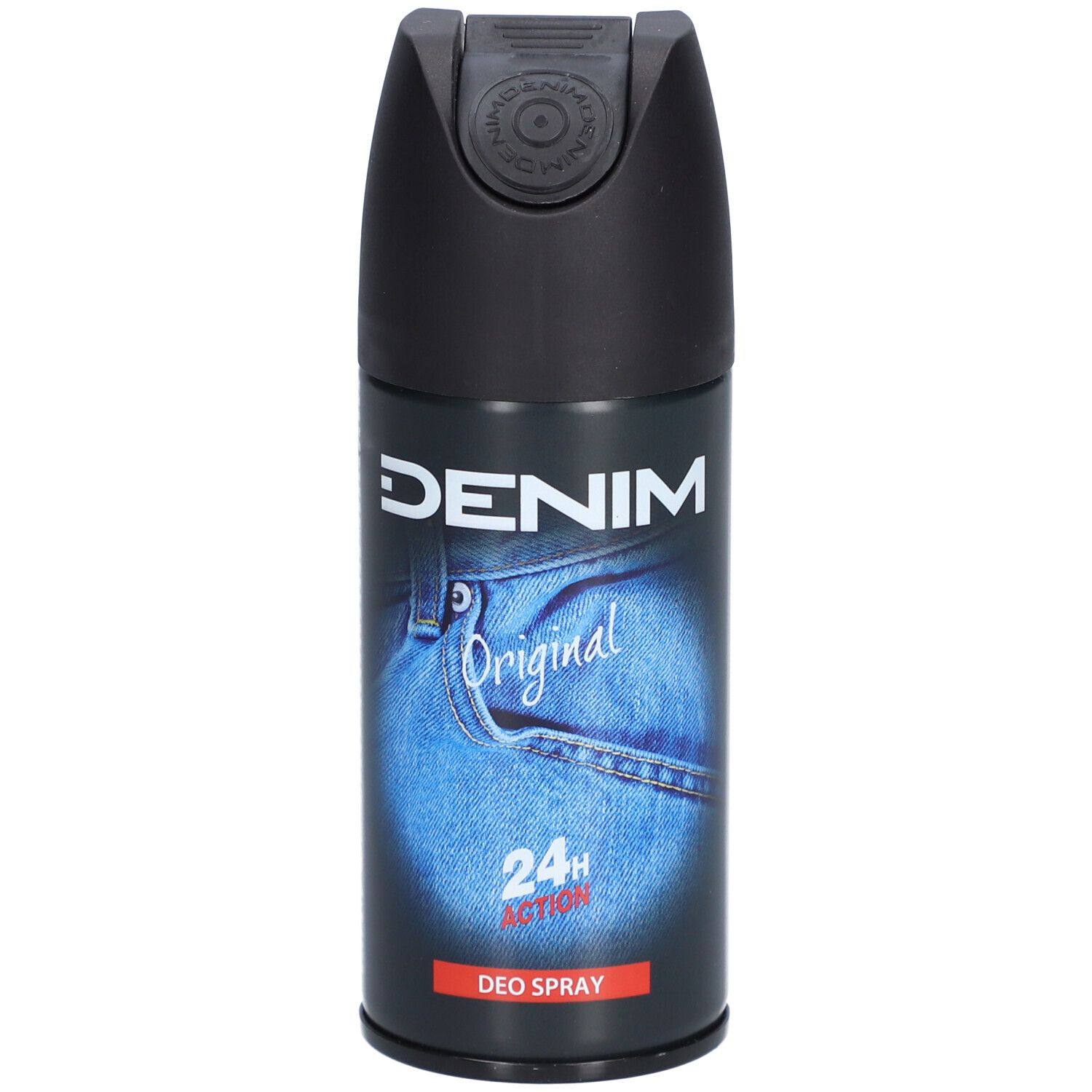 Denim Original Deo Spray mit schwarzem Verschluss und Jeans-Design. 24h Action.