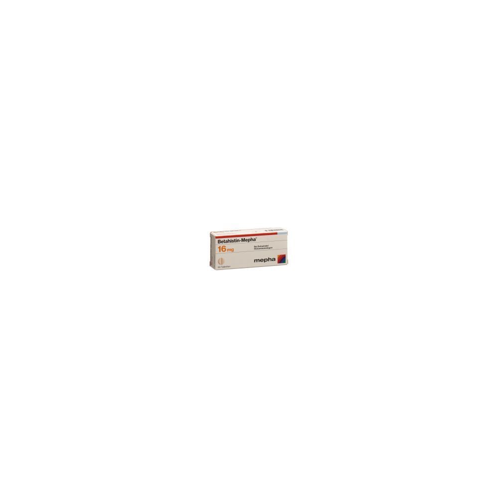 Boîte de comprimés. Inscription: Betahistin-Mepha 16 mg. Marque: mepha. Emballage blanc avec texte rouge et gris.