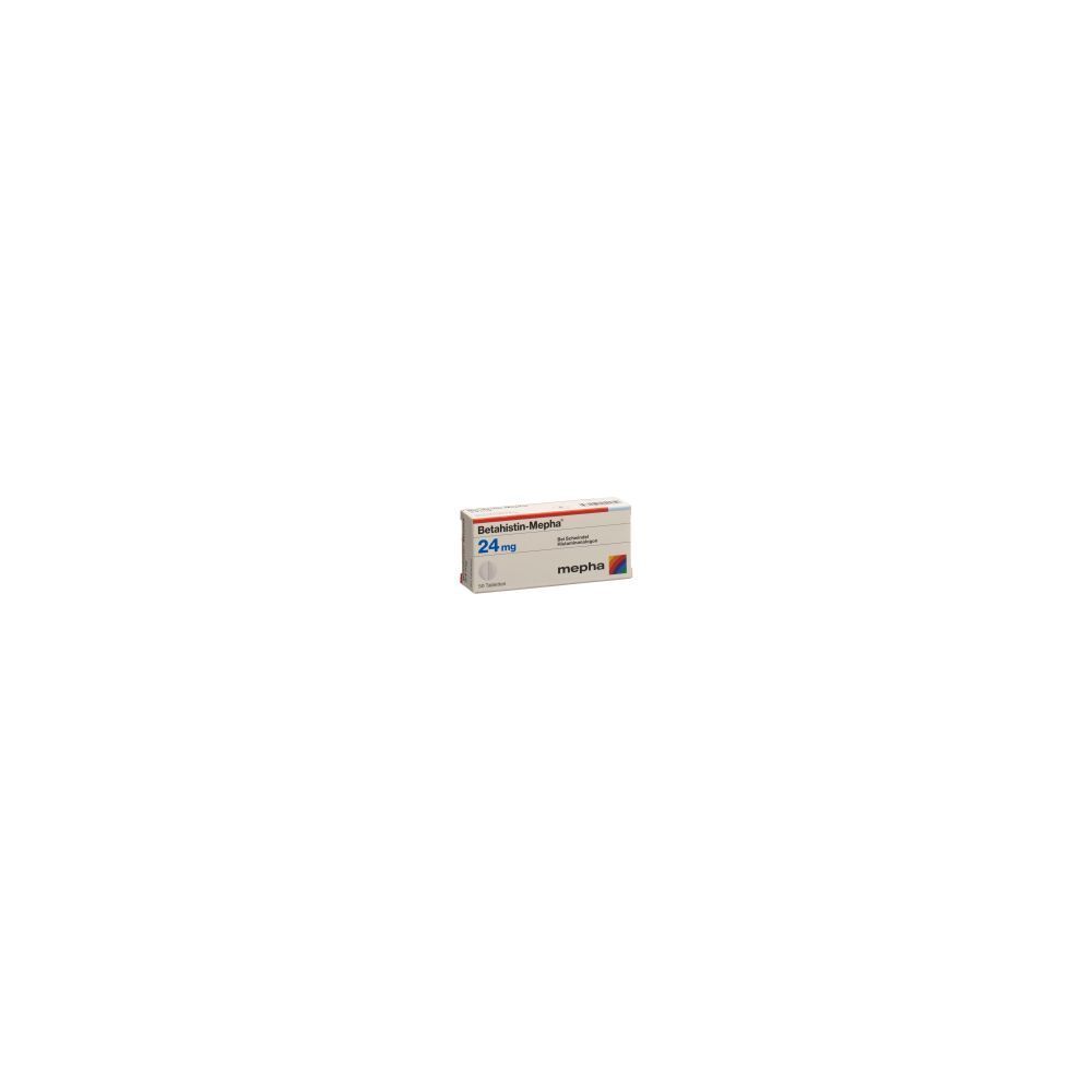Boîte de comprimés. Inscription: Betahistin-Mepha 24 mg. Marque: mepha.