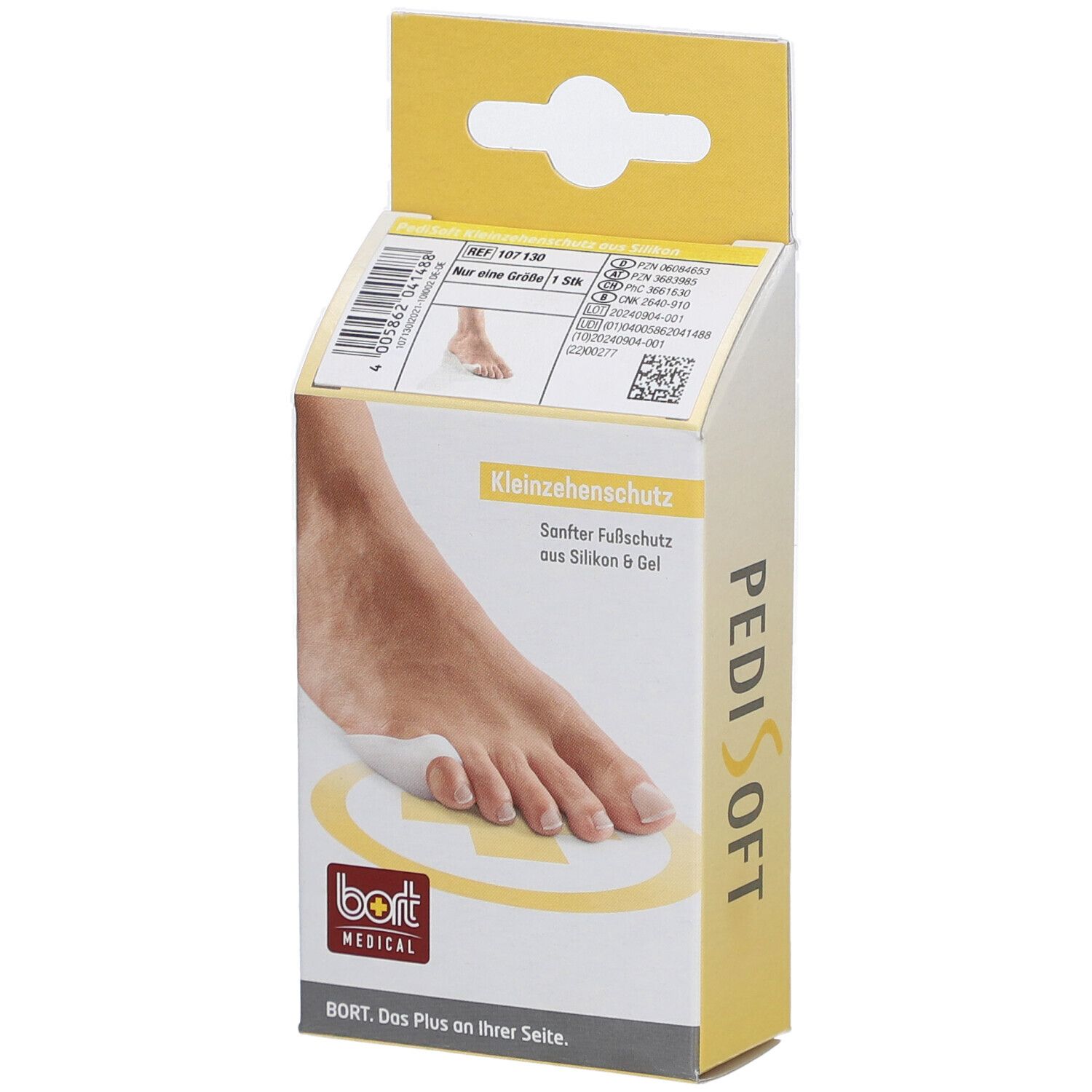 Verpackung des Bort Pedisoft Kleinzehenschutzes. Gelber Karton mit Produktabbildung und Logo. Text: PediSoft, Bort Medical.
