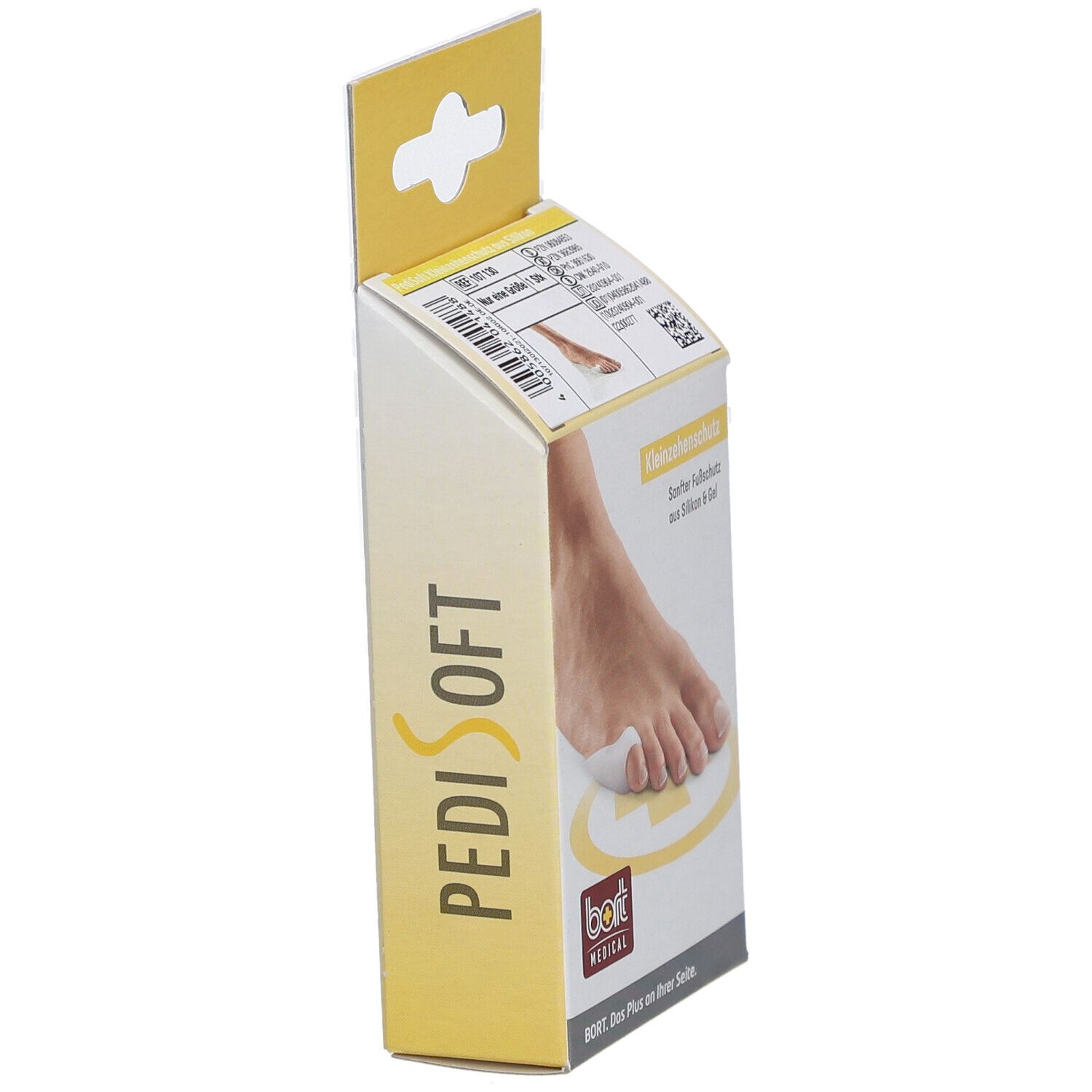Seitenansicht der Bort Pedisoft Kleinzehenschutz Verpackung. Gelber Karton mit Produktlogo PediSoft und Bort Medical. Produktabbildung.