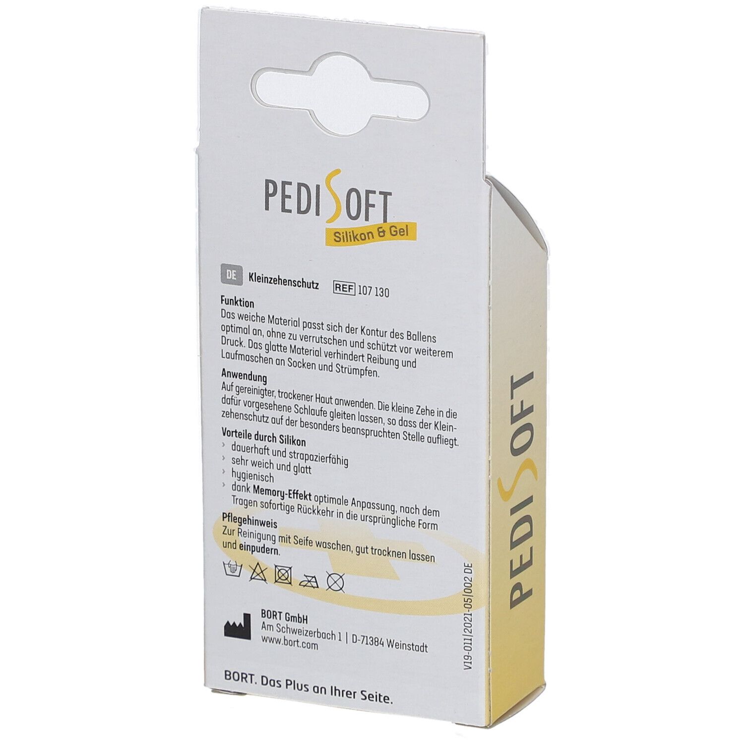 Rückseite der Bort Pedisoft Kleinzehenschutz Verpackung. Textinformationen, Pflegehinweise und Logo. PediSoft, Silikon & Gel.