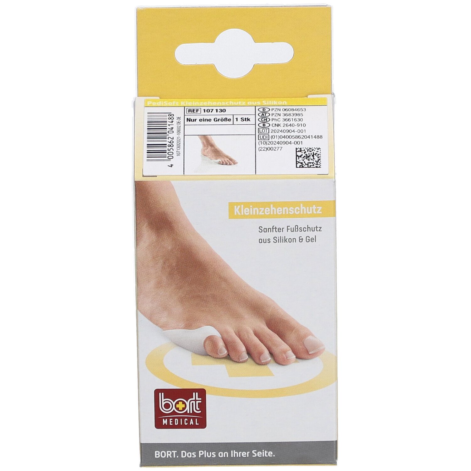 Vorderseite der Bort Pedisoft Kleinzehenschutz Verpackung. Gelber Karton mit Produktabbildung und Logo. Text: PediSoft, Bort Medical.