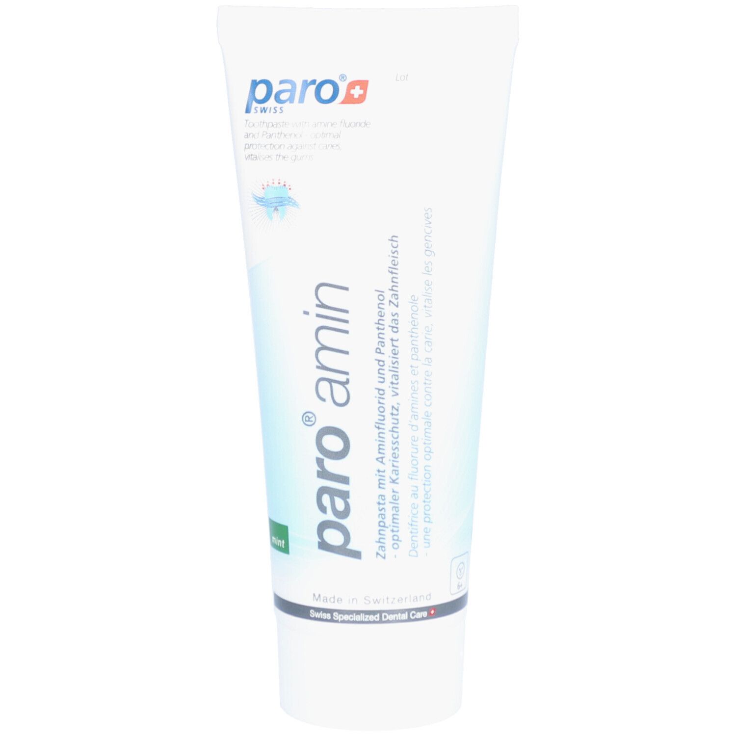 Zahncreme-Tube, weiß mit blauer und grüner Schrift. Enthält Aminfluorid und Panthenol. Marke: paro.