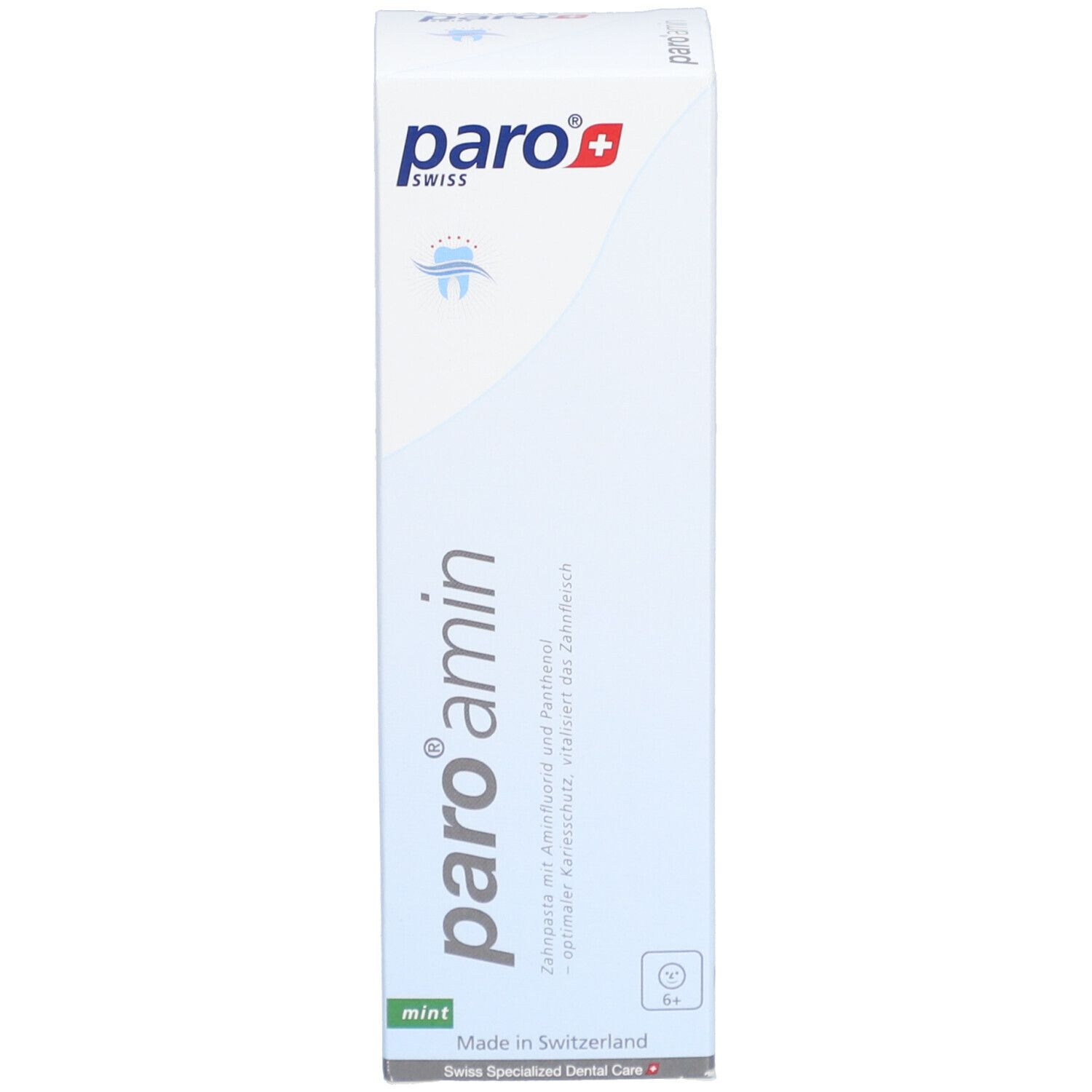 Zahncreme-Schachtel, weiß mit blauer und grüner Schrift. Marke: paro. Enthält Aminfluorid und Panthenol.