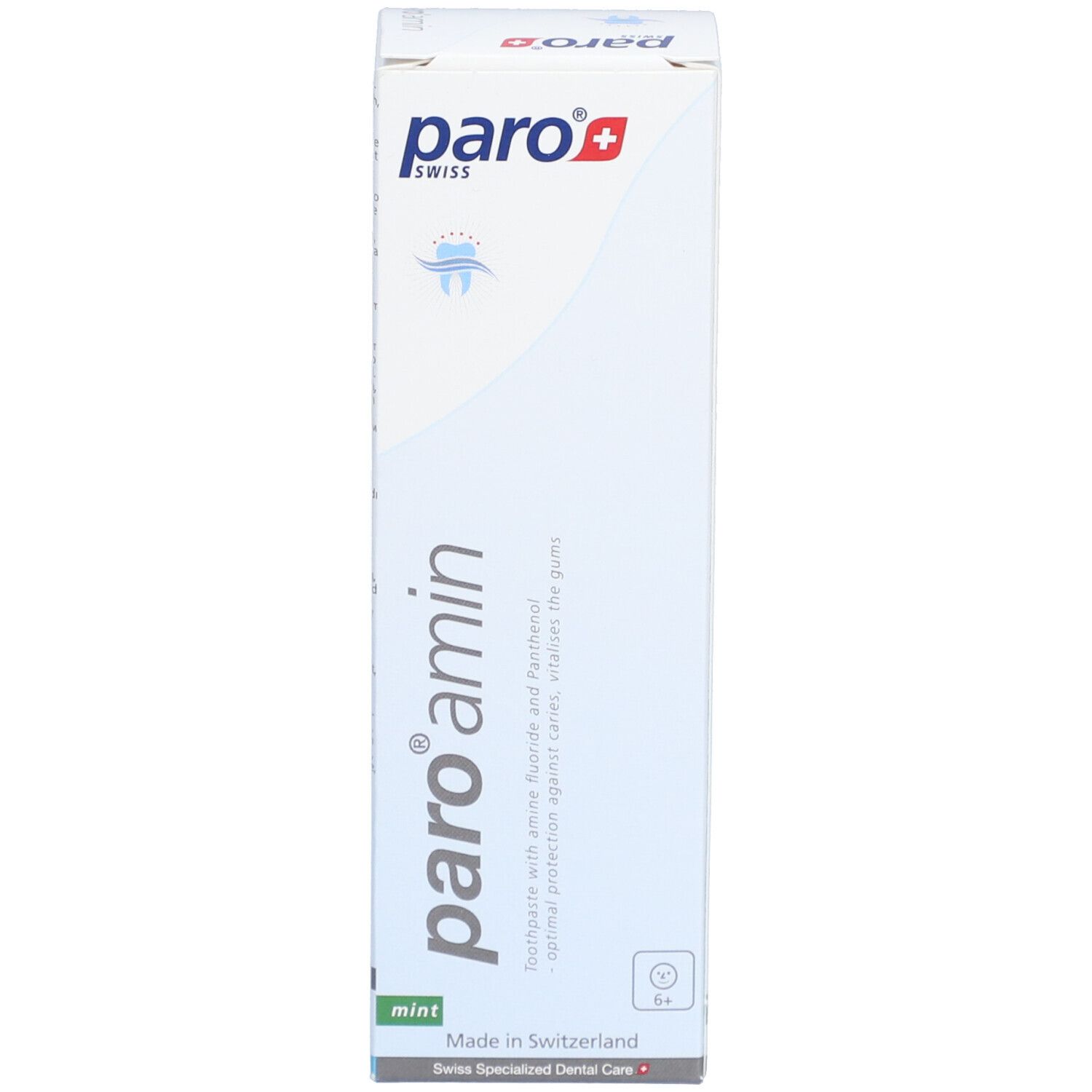Zahncreme-Schachtel, weiß mit blauer und grüner Schrift. Marke: paro. Enthält Aminfluorid und Panthenol.