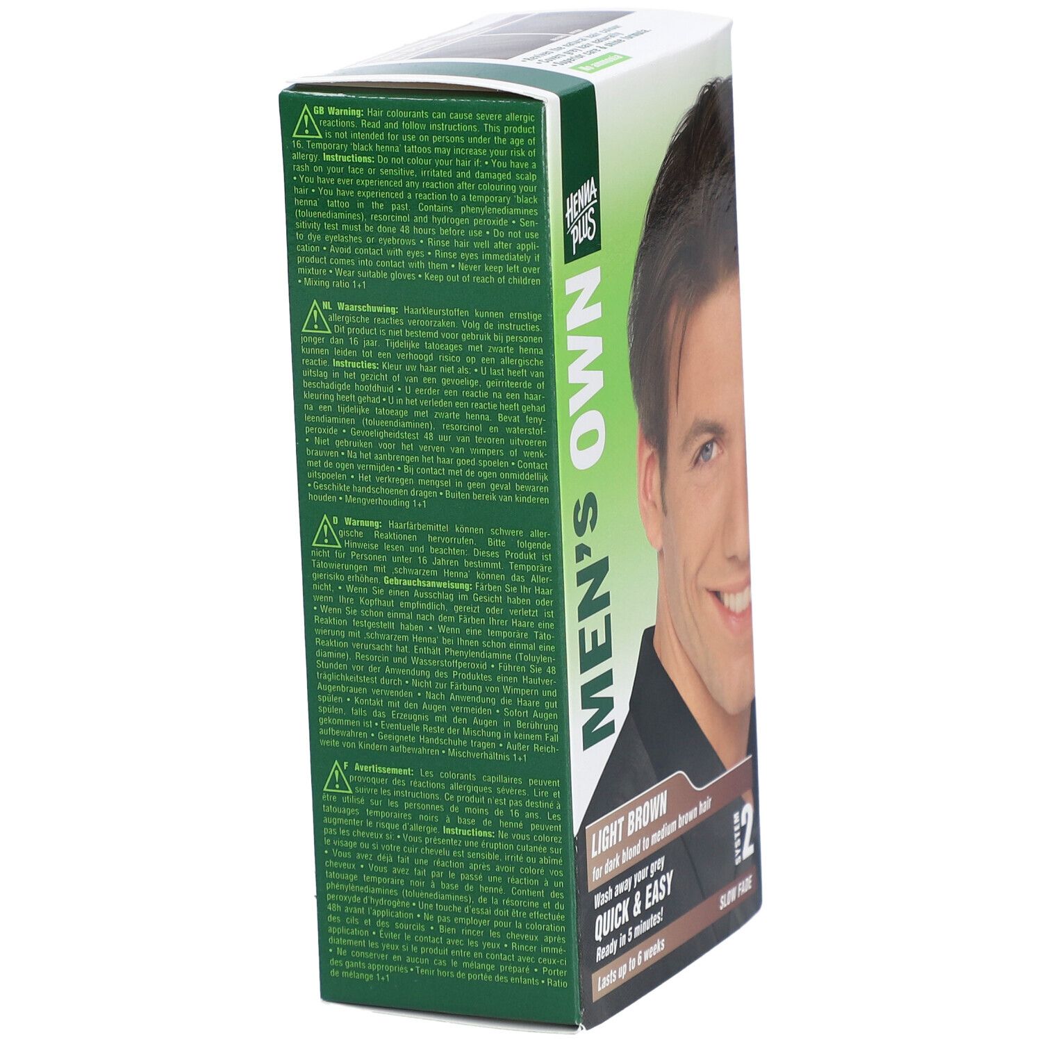 Rückseite der Verpackung von HENNA PLUS Men's Own. Text in mehreren Sprachen. Angaben zur Anwendung und Inhaltsstoffe.