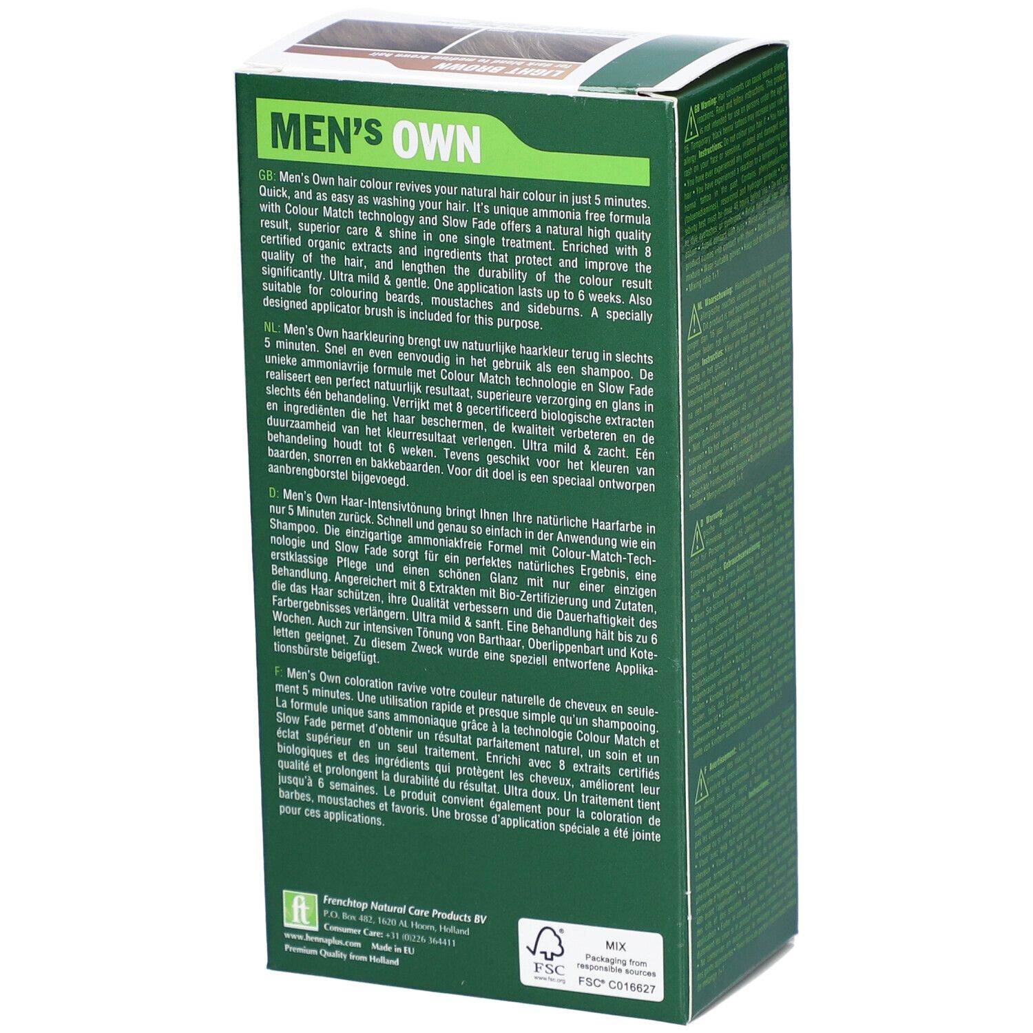 Rückseite der Verpackung von HENNA PLUS Men's Own. Text in mehreren Sprachen. Angaben zur Anwendung und Inhaltsstoffe.
