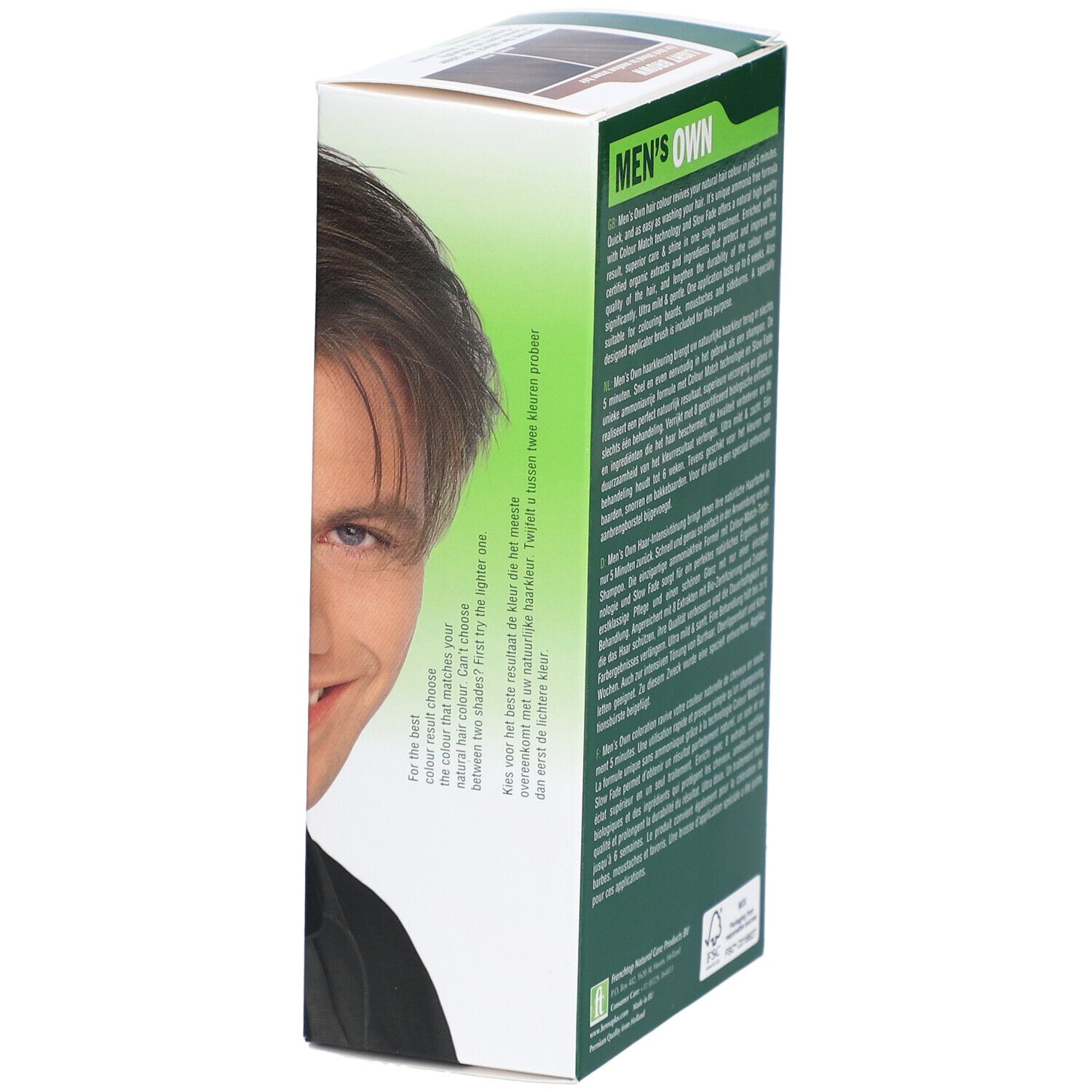 Seite der Verpackung von HENNA PLUS Men's Own. Teilweise Ansicht des Gesichts. Text: für die beste natürliche Haarfarbe.
