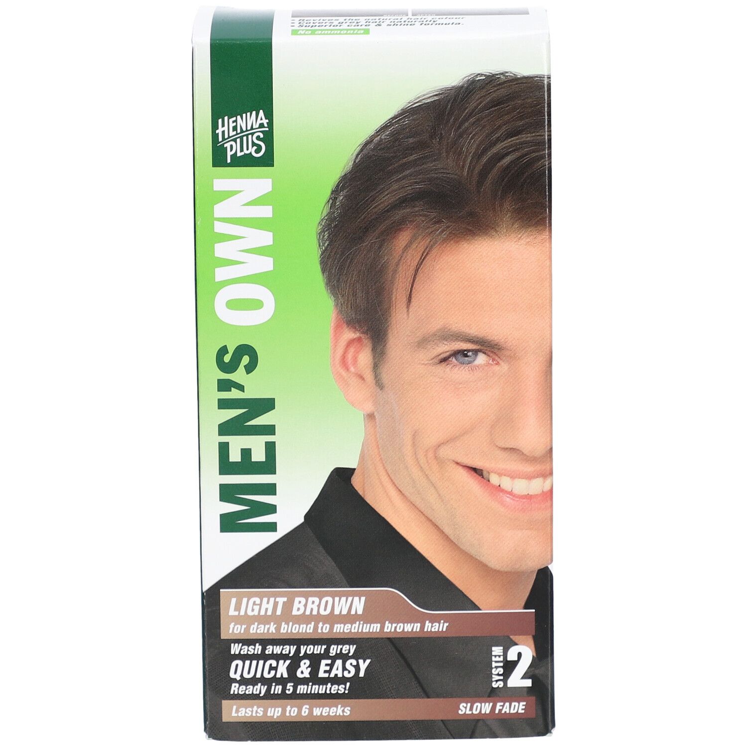 Verpackung von HENNA PLUS Men's Own. Aufdruck: Light Brown, für dunkles bis mittelbraunes Haar. Schnelle Anwendung.