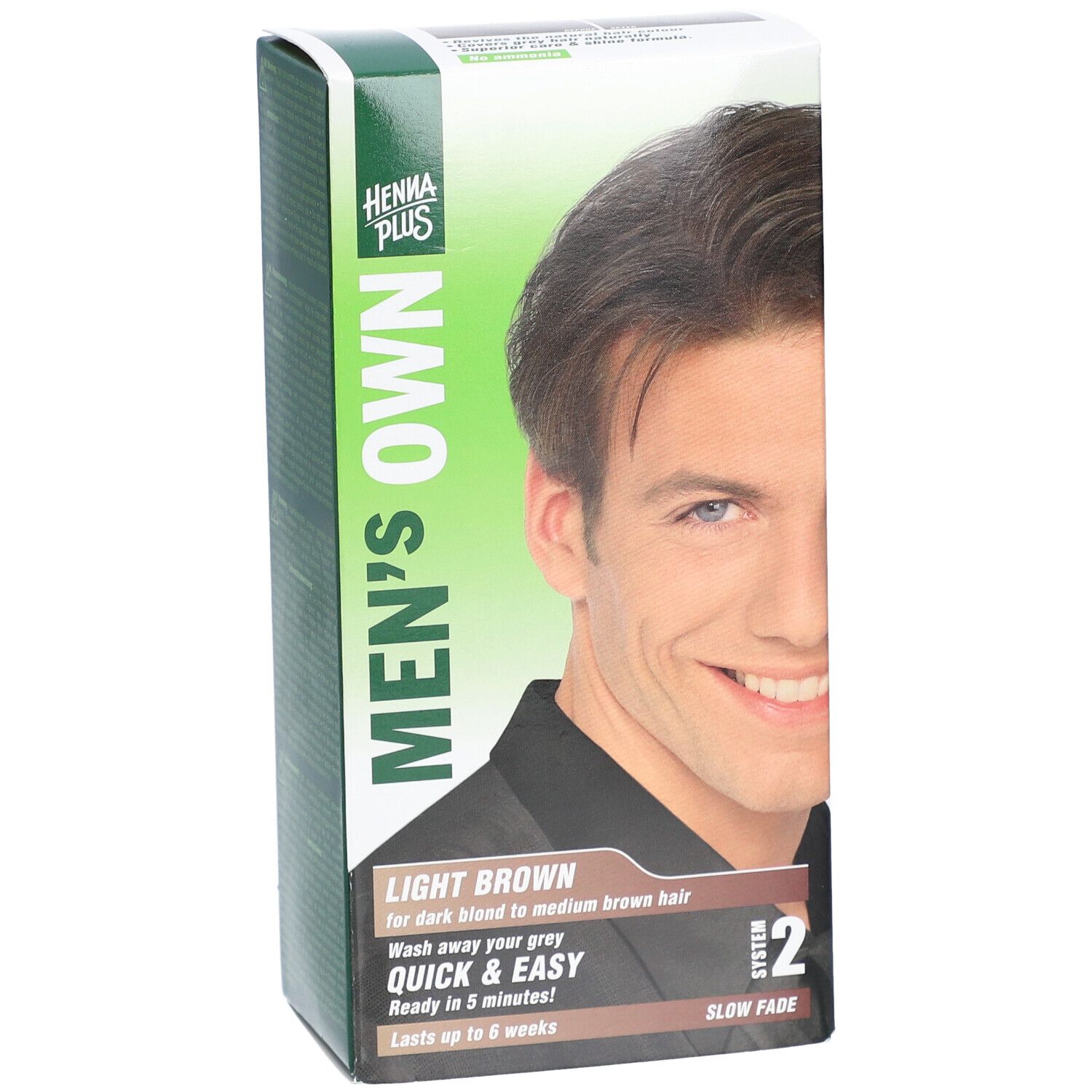 Verpackung von HENNA PLUS Men's Own. Aufdruck: Light Brown, für dunkles bis mittelbraunes Haar. Schnelle Anwendung.
