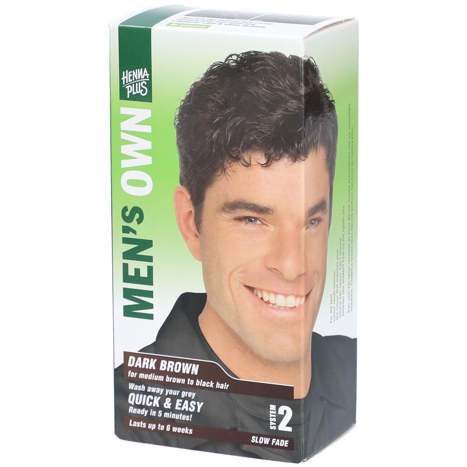 Emballage HENNA PLUS Men's Own. Coloration brun foncé pour hommes. Nom du produit et image d'un homme souriant.