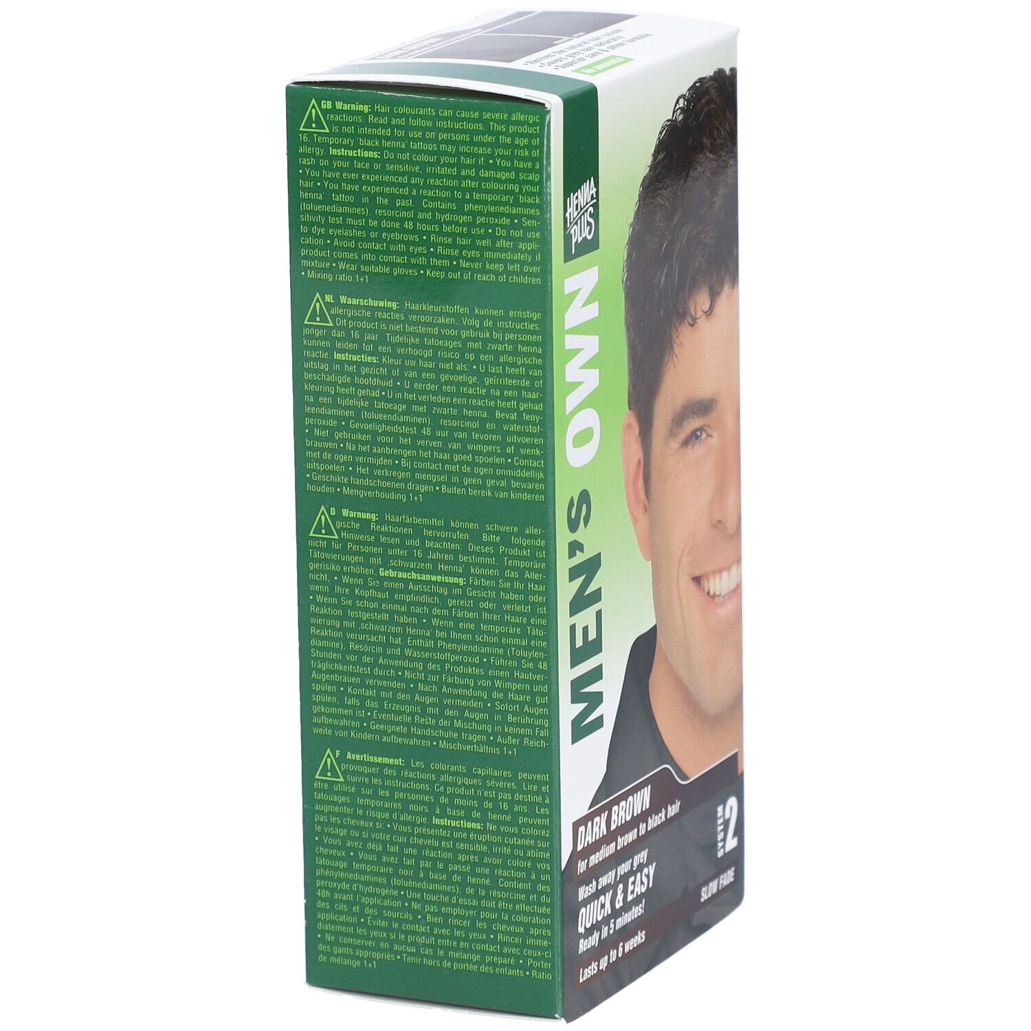 Dos de l'emballage HENNA PLUS Men's Own. Texte multilingue, avertissements et informations sur le produit.