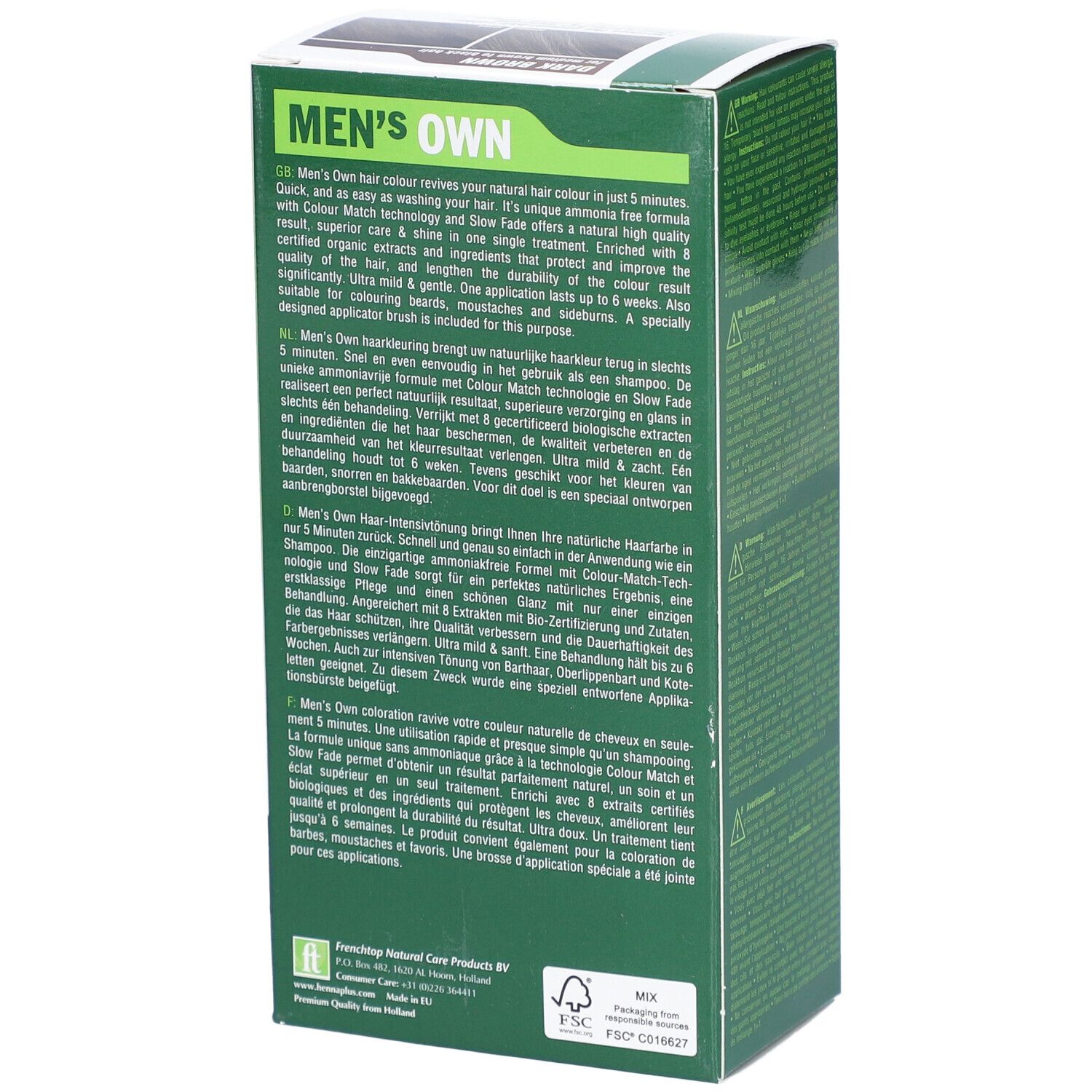 Côté de l'emballage HENNA PLUS Men's Own. Texte descriptif, informations sur les ingrédients et le produit.