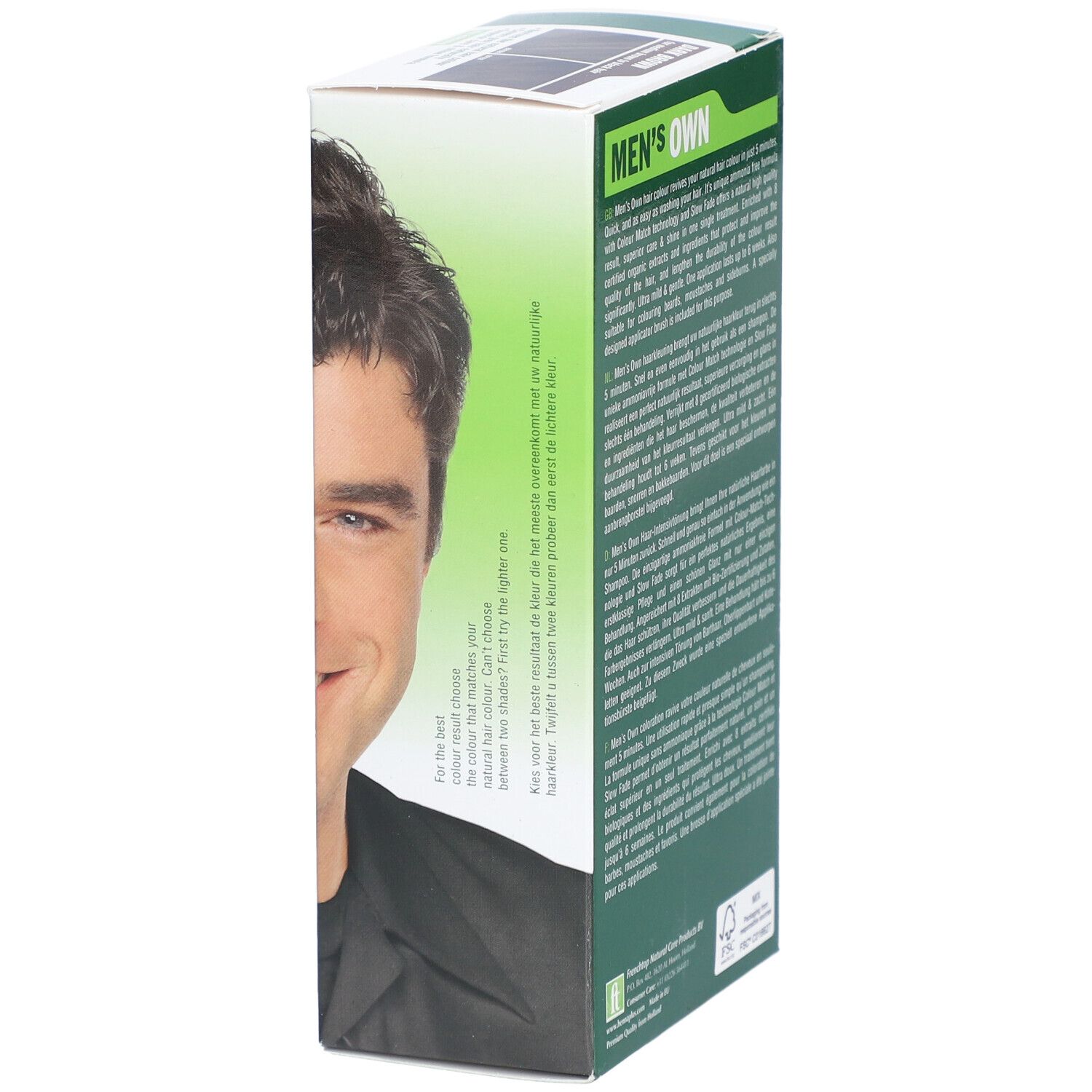 Côté de l'emballage HENNA PLUS Men's Own. Texte descriptif, informations sur les ingrédients et le produit.