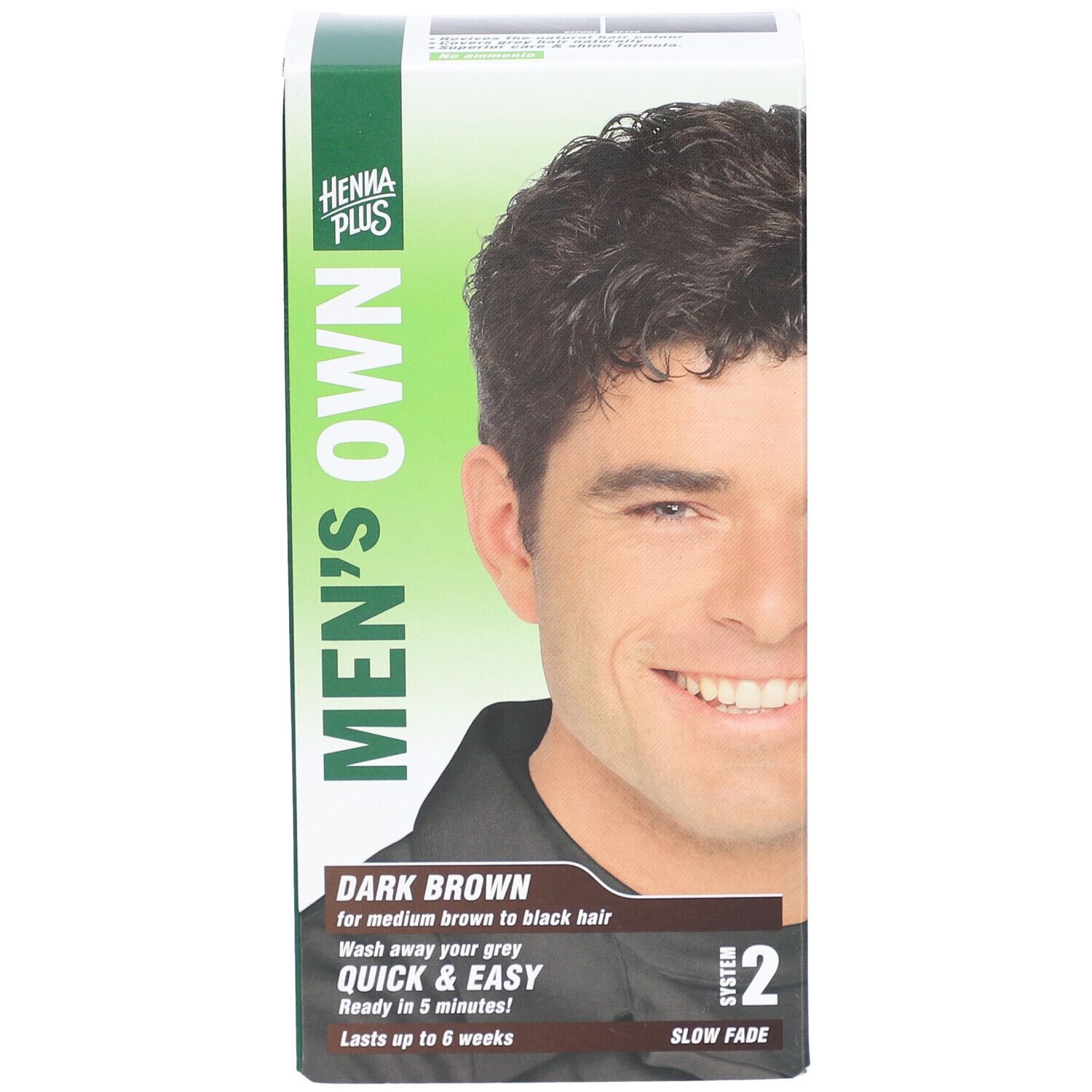 Face avant de l'emballage HENNA PLUS Men's Own. Nom du produit, image d'un homme et informations.