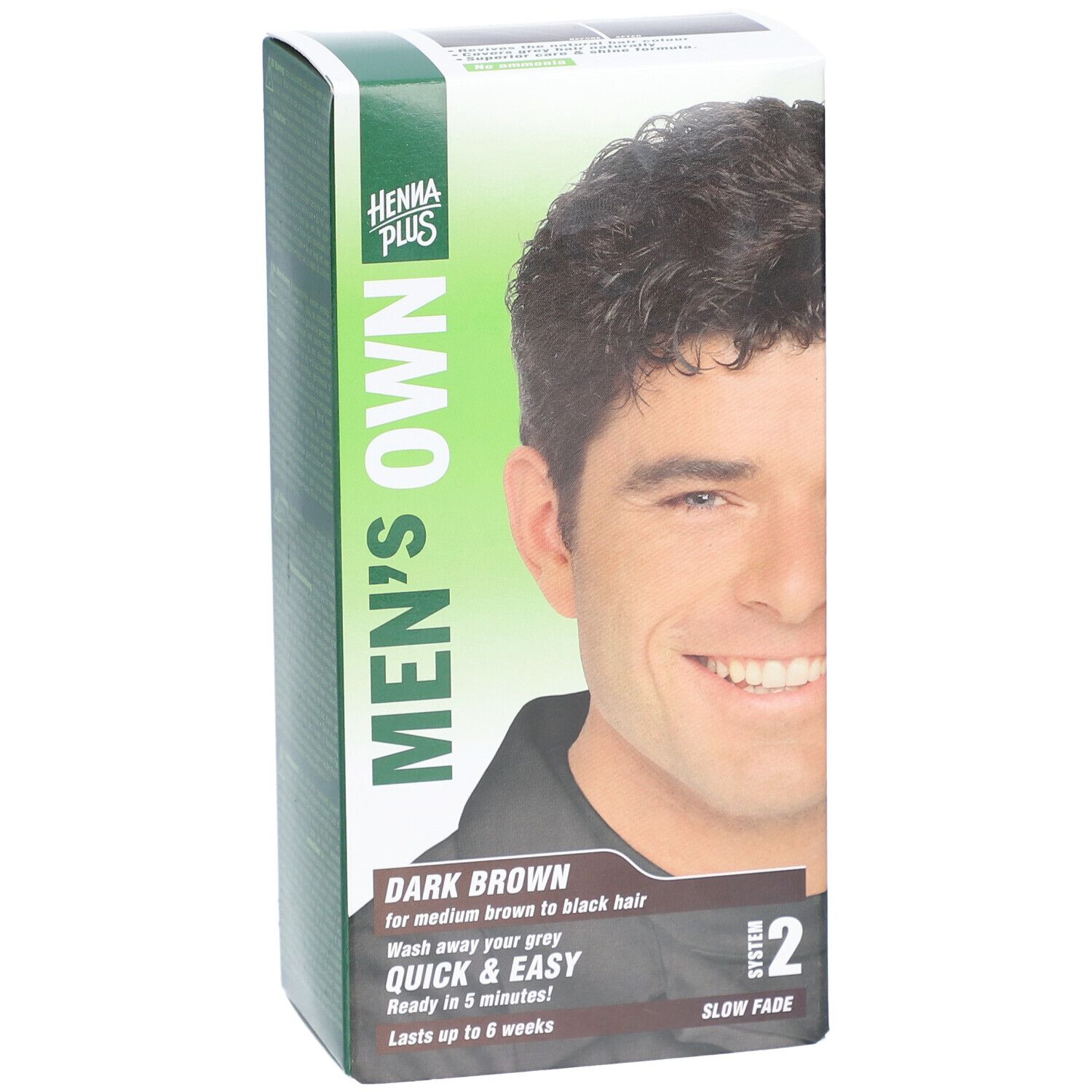 Face avant de l'emballage HENNA PLUS Men's Own. Nom du produit, image d'un homme et informations.