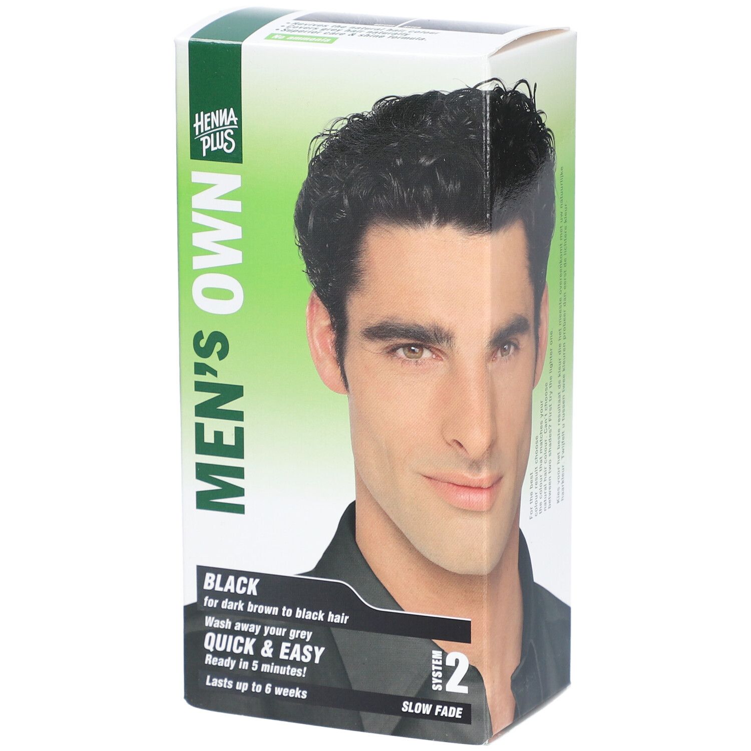 Coloration noire pour hommes. Boîte avec portrait d'homme. Texte: MEN'S OWN, BLACK, Quick & Easy, System 2.