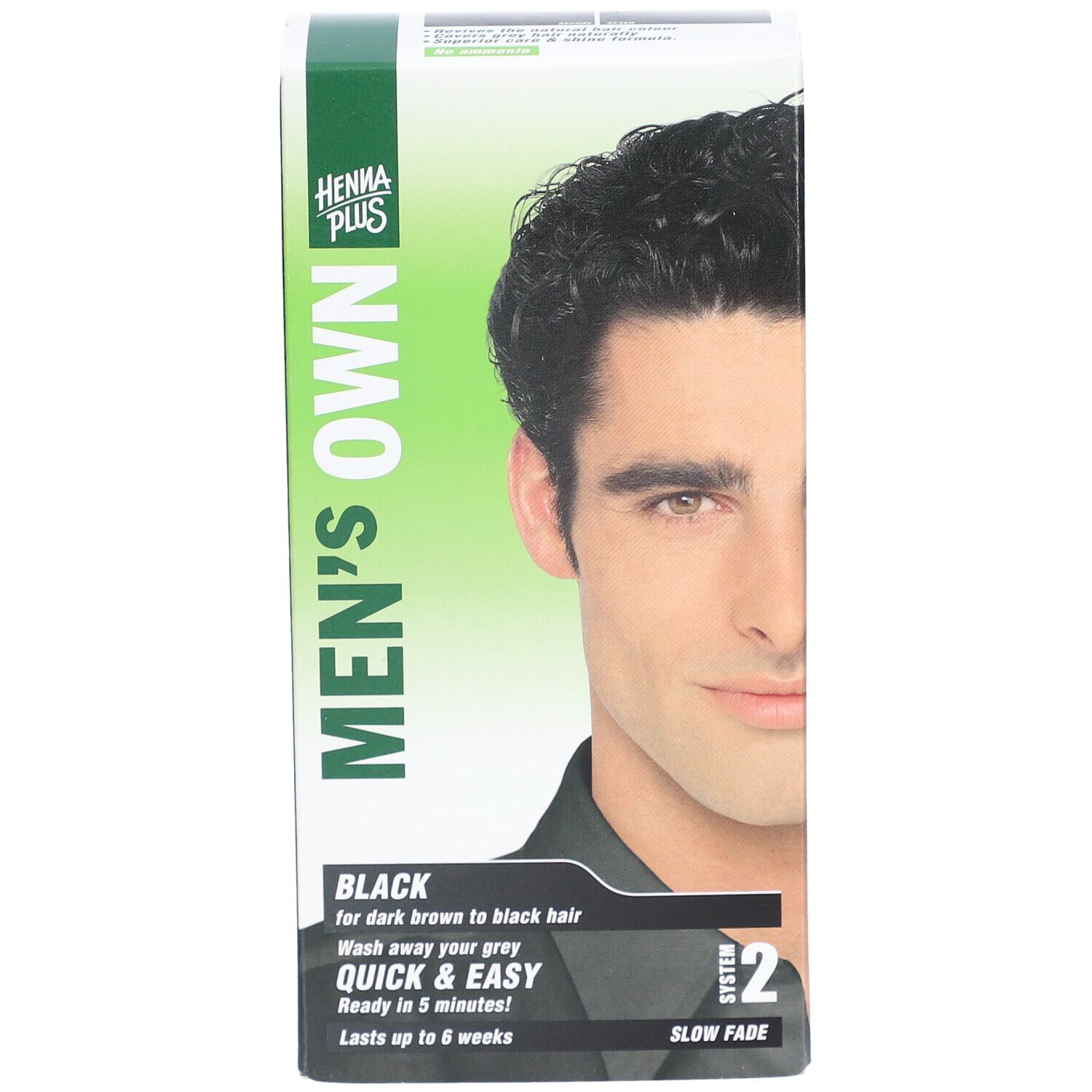 Emballage de coloration avec portrait d'homme. Texte: MEN'S OWN, BLACK, Quick & Easy, System 2. Logo: Henna Plus.