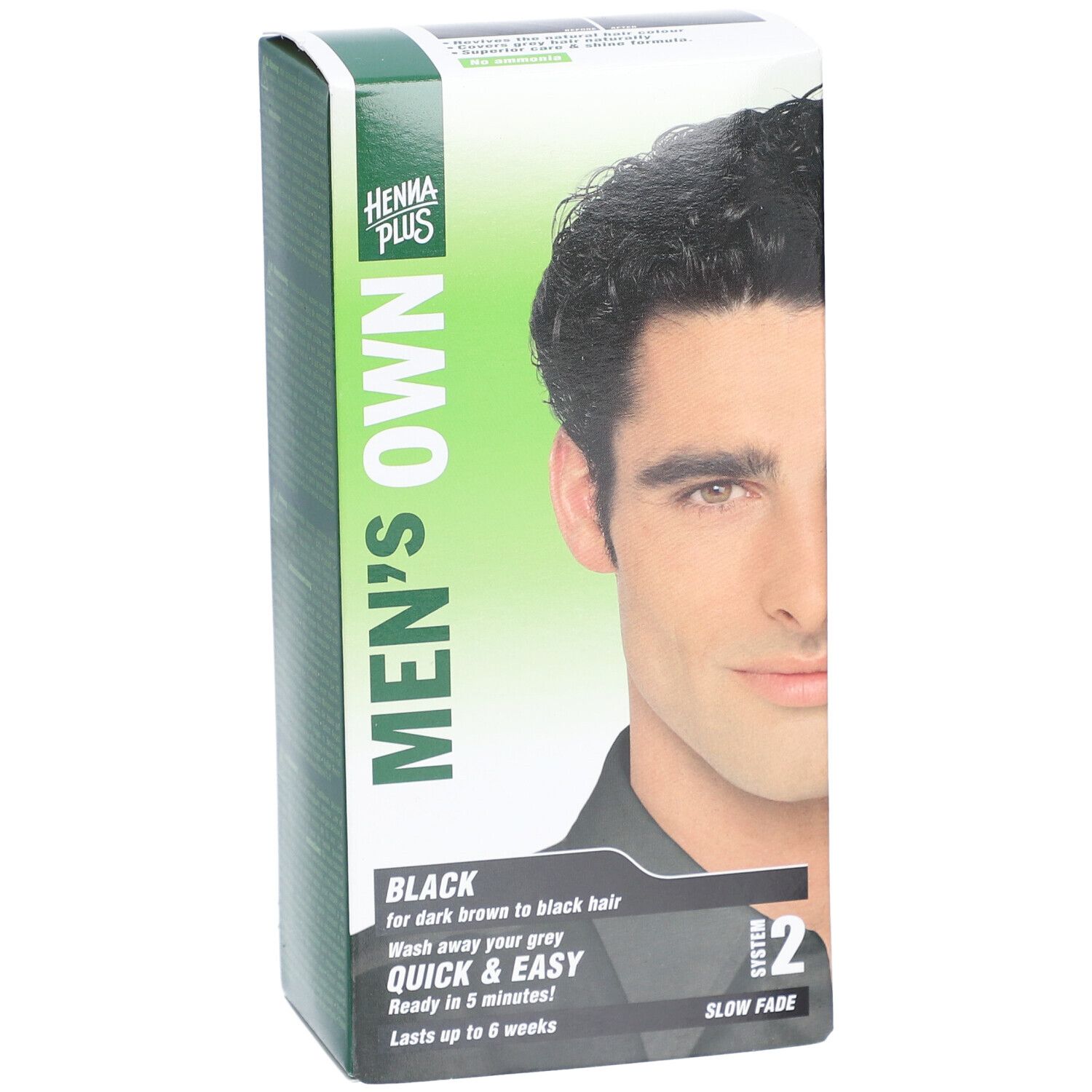 Emballage de coloration avec portrait d'homme. Texte: MEN'S OWN, BLACK, Quick & Easy, System 2. Logo: Henna Plus.