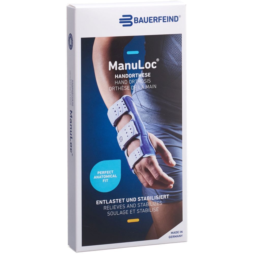 Verpackung mit Handorthese Manuloc. Marke Bauerfeind. Handorthese am Handgelenk abgebildet. Text: Entlastet und stabilisiert.