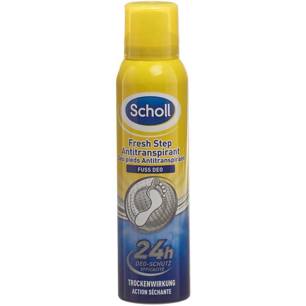 Gelbe Sprühdose mit gelbem Deckel. Aufschrift: Scholl, Fresh Step Antitranspirant, Fuss Deo. 24h Deo-Schutz.