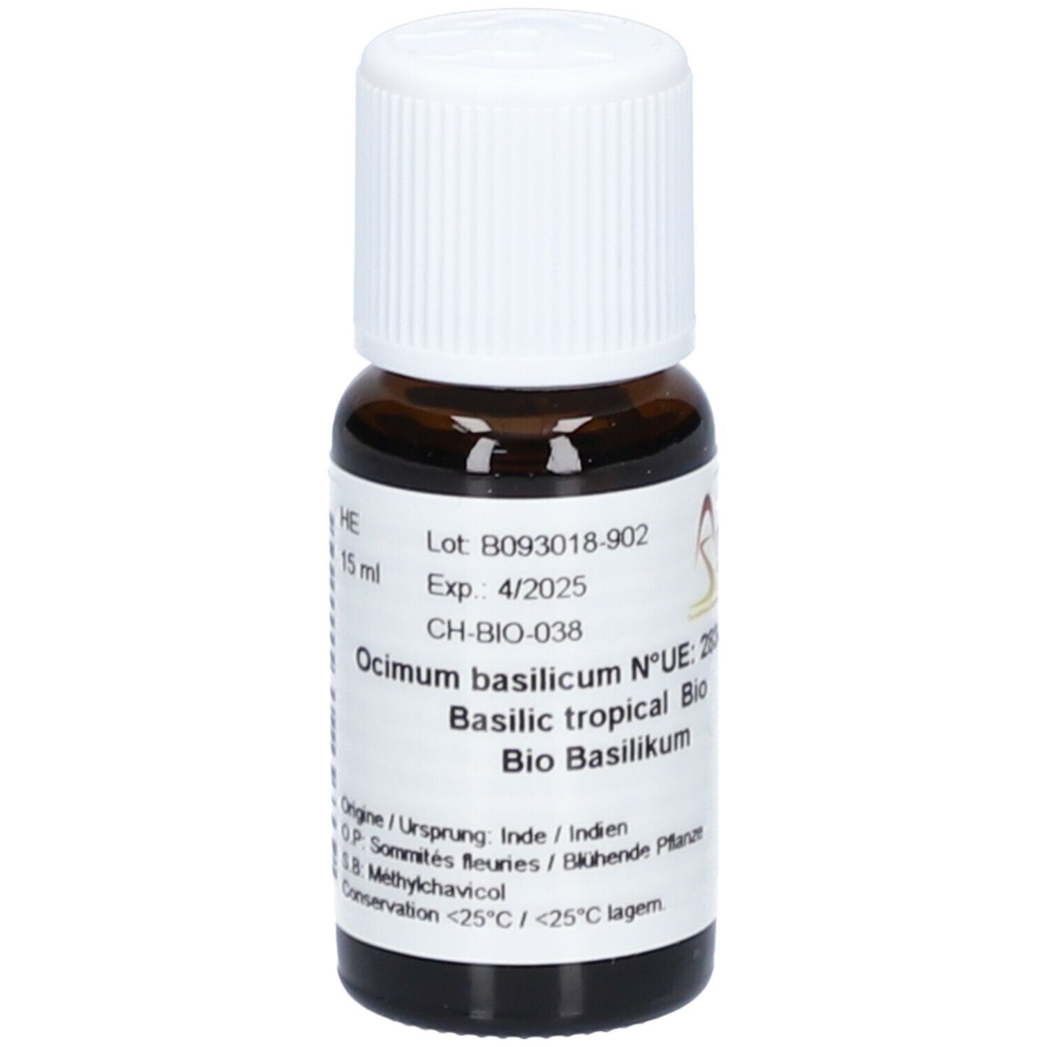 Braune Glasflasche mit weißem Deckel. Etikett mit Text: Ocimum basilicum, Bio Basilikum. Chargennummer und Verfallsdatum. 15 ml.