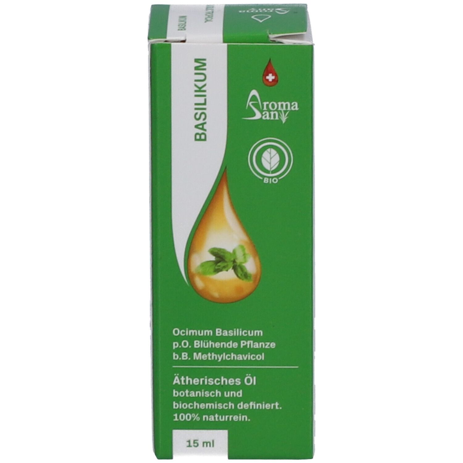 Grüne Schachtel mit Text: Basilikum, Ätherisches Öl. Tropfen-Illustration. 15 ml. Bio-Siegel. AromaSan Logo.