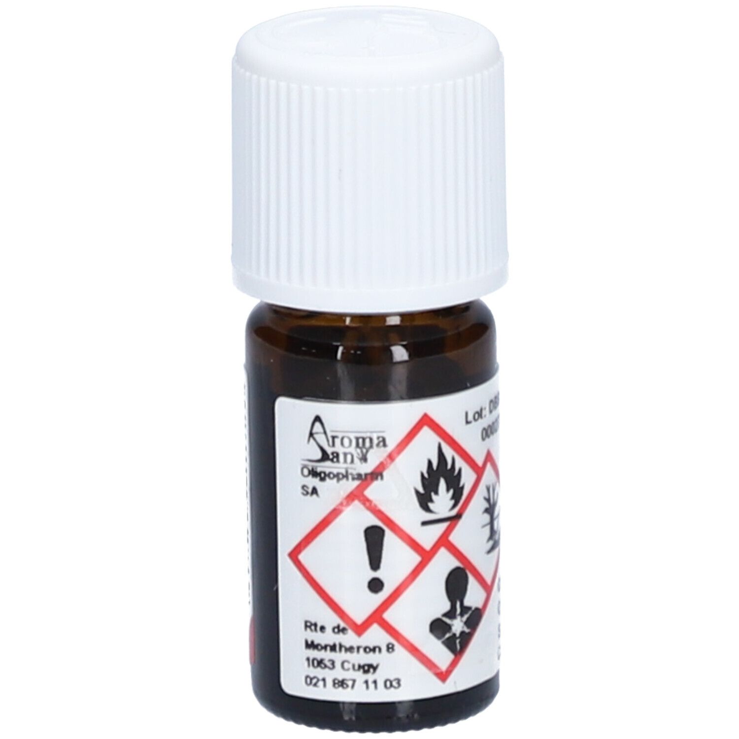 Braune Glasflasche mit weißem Deckel. Etikett mit Gefahrensymbolen und Text. AromaSan Oligopharm SA. Enthält Chamamelum nobile.