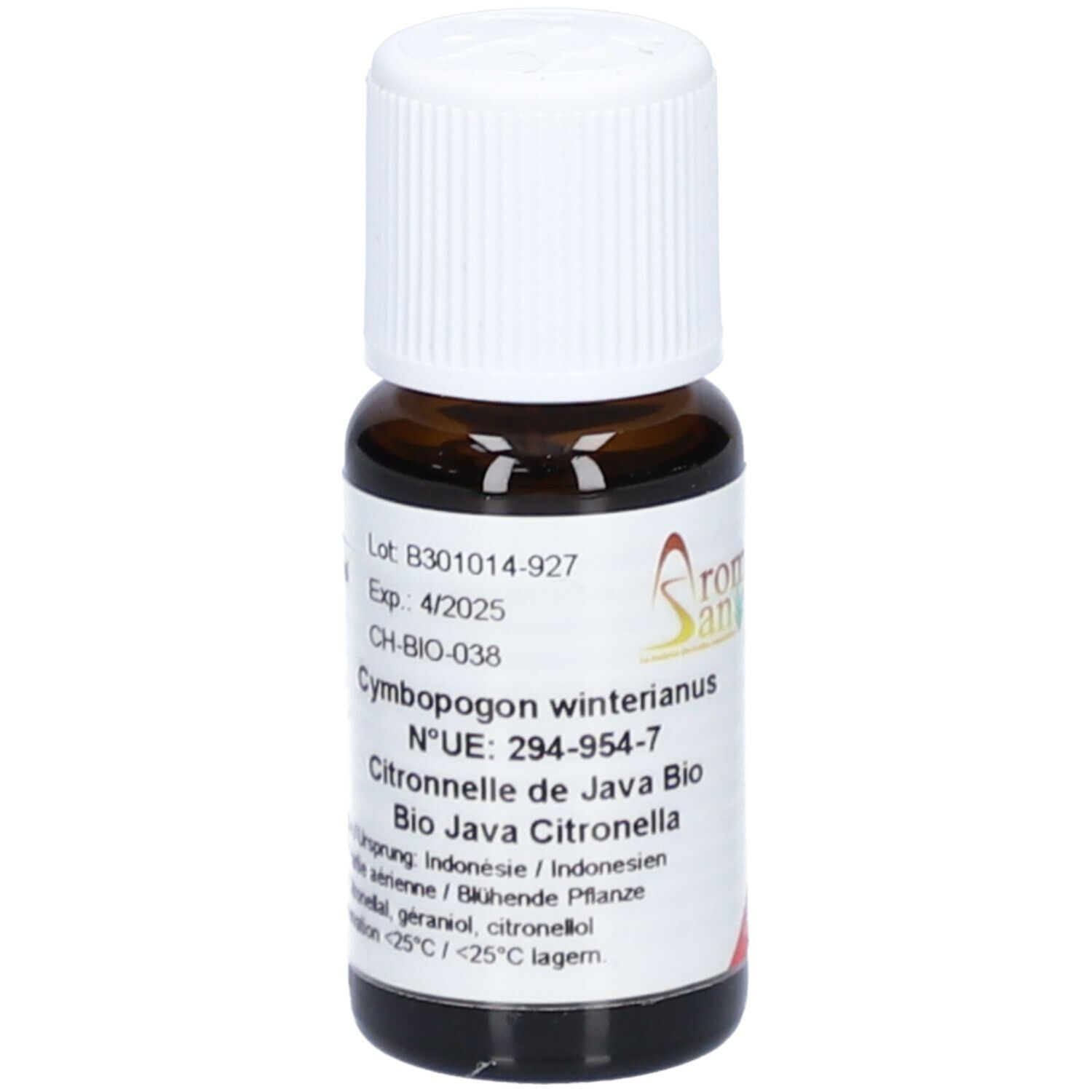 Braune Glasflasche mit weißem Schraubverschluss. Etikett mit Produktinformationen. Marke: Aromasan. Enthält ätherisches Öl Citronella java bio.