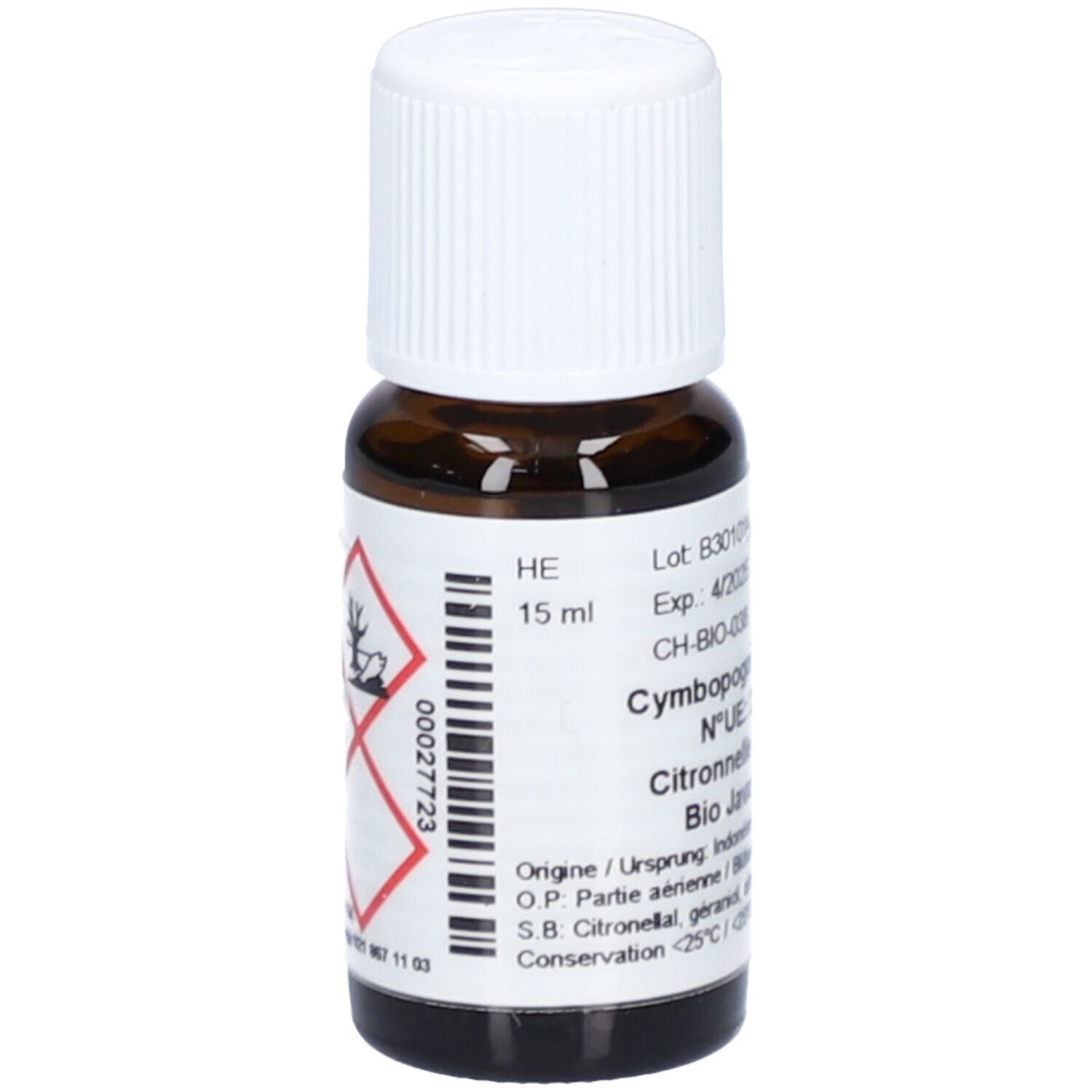 Braune Glasflasche mit weißem Schraubverschluss. Etikett mit Produktinformationen und Gefahrensymbolen. Enthält 15 ml. Marke: Aromasan.