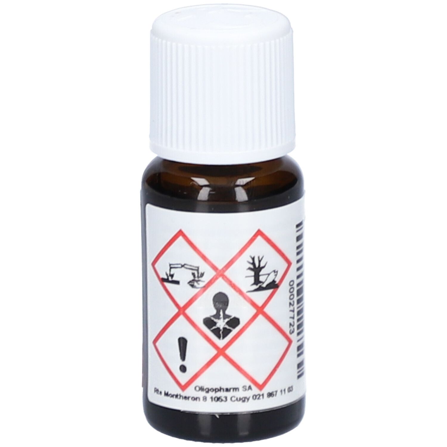 Braune Glasflasche mit weißem Schraubverschluss. Etikett mit Gefahrensymbolen. Marke: Oligopharm SA. Enthält ätherisches Öl Citronella java bio.