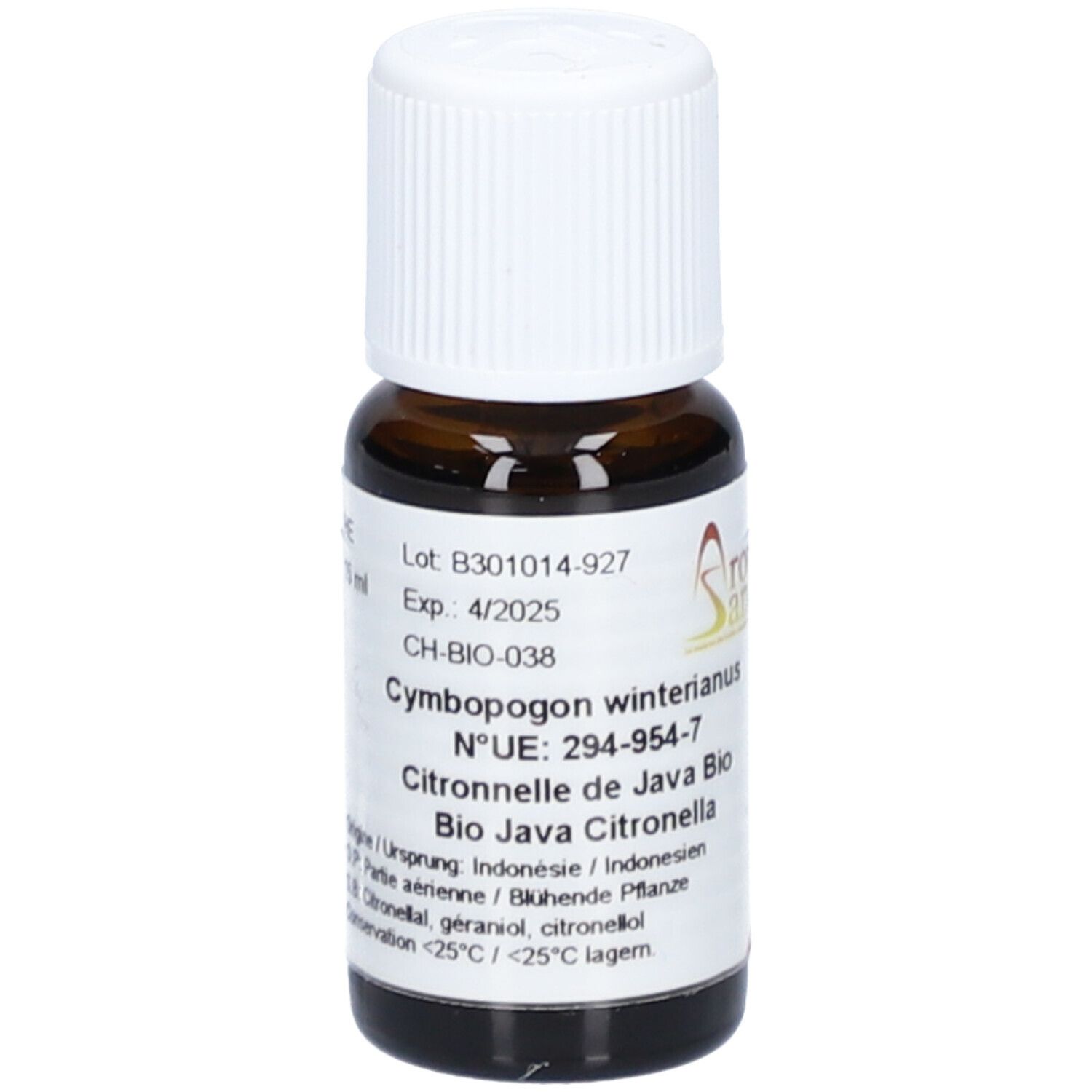 Braune Glasflasche mit weißem Schraubverschluss. Etikett mit Produktinformationen. Marke: Aromasan. Enthält ätherisches Öl Citronella java bio.