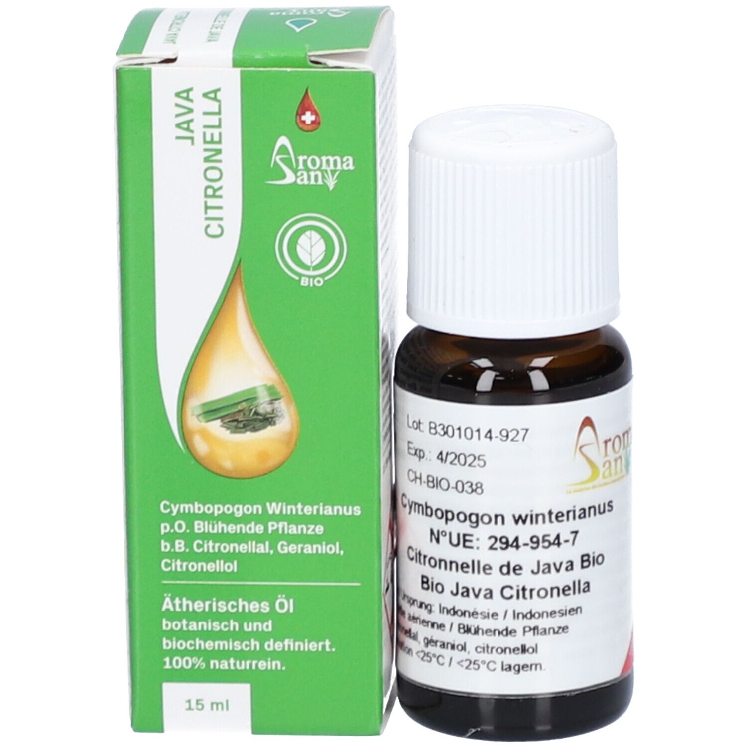Produktverpackung und braune Glasflasche mit weißem Schraubverschluss. Verpackung mit Produktabbildung und Informationen. Marke: Aromasan. Enthält ätherisches Öl Citronella java bio.