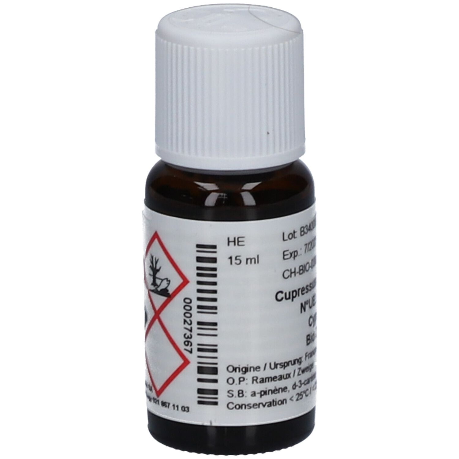Braune Glasflasche mit weißem Deckel. Etikett mit Produktinformationen und Gefahrensymbolen. 15 ml.