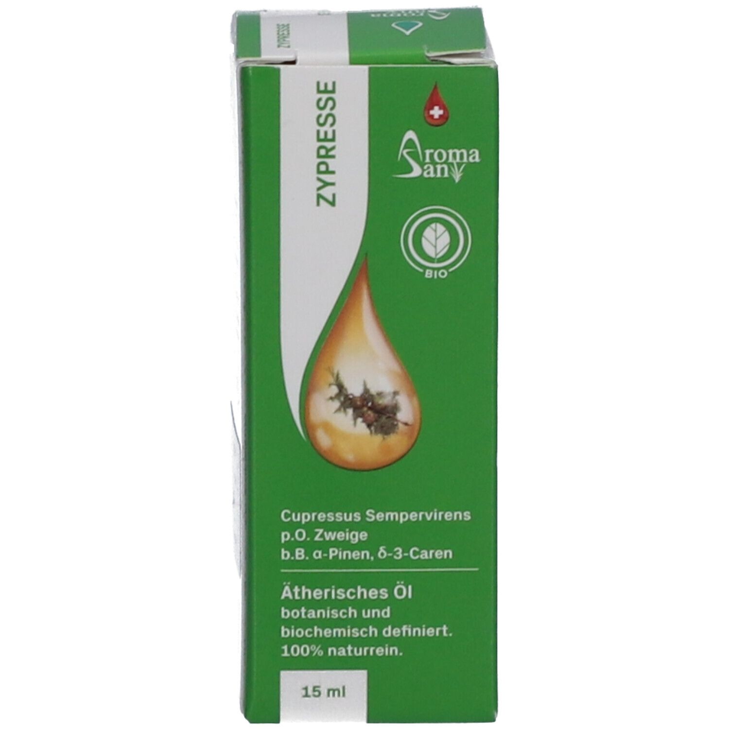 Grüne Verpackung mit Produktinformationen und Aromasan Logo. 15 ml.