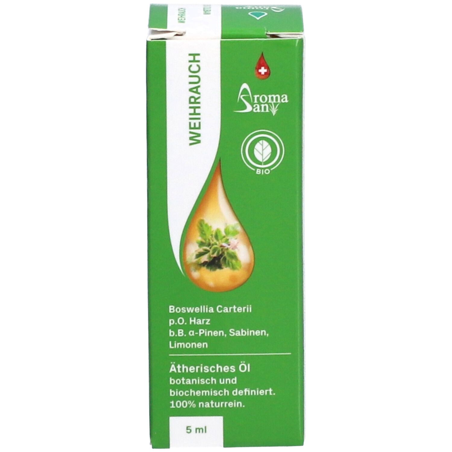 Grüne Verpackung mit brauner Glasflasche und weißem Schraubverschluss. Verpackung mit Logo, Text: AromaSan, Bio, Weihrauch, Ätherisches Öl, 5 ml.