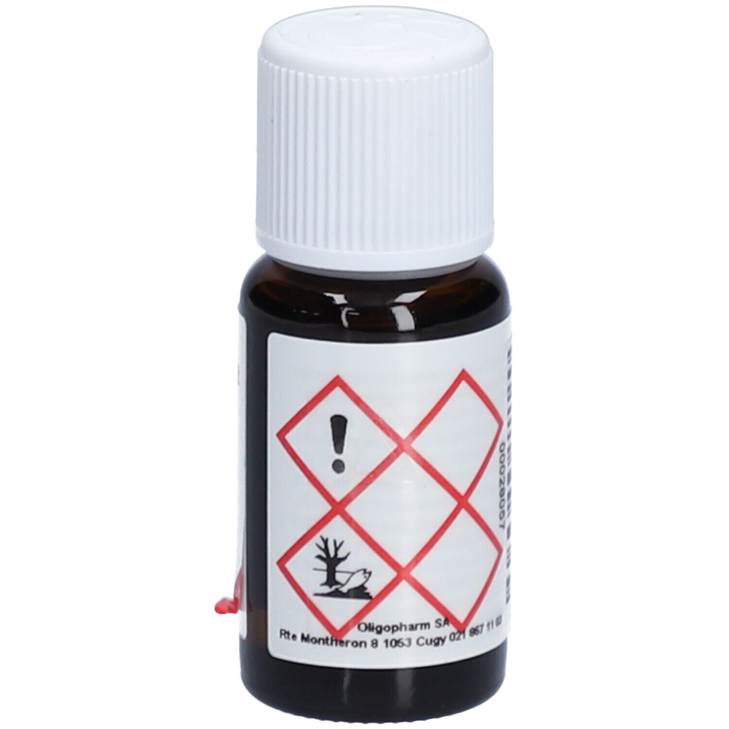Braune Glasflasche mit weißem Deckel. Etikett mit Gefahrensymbolen. Oligopharm-Adresse.