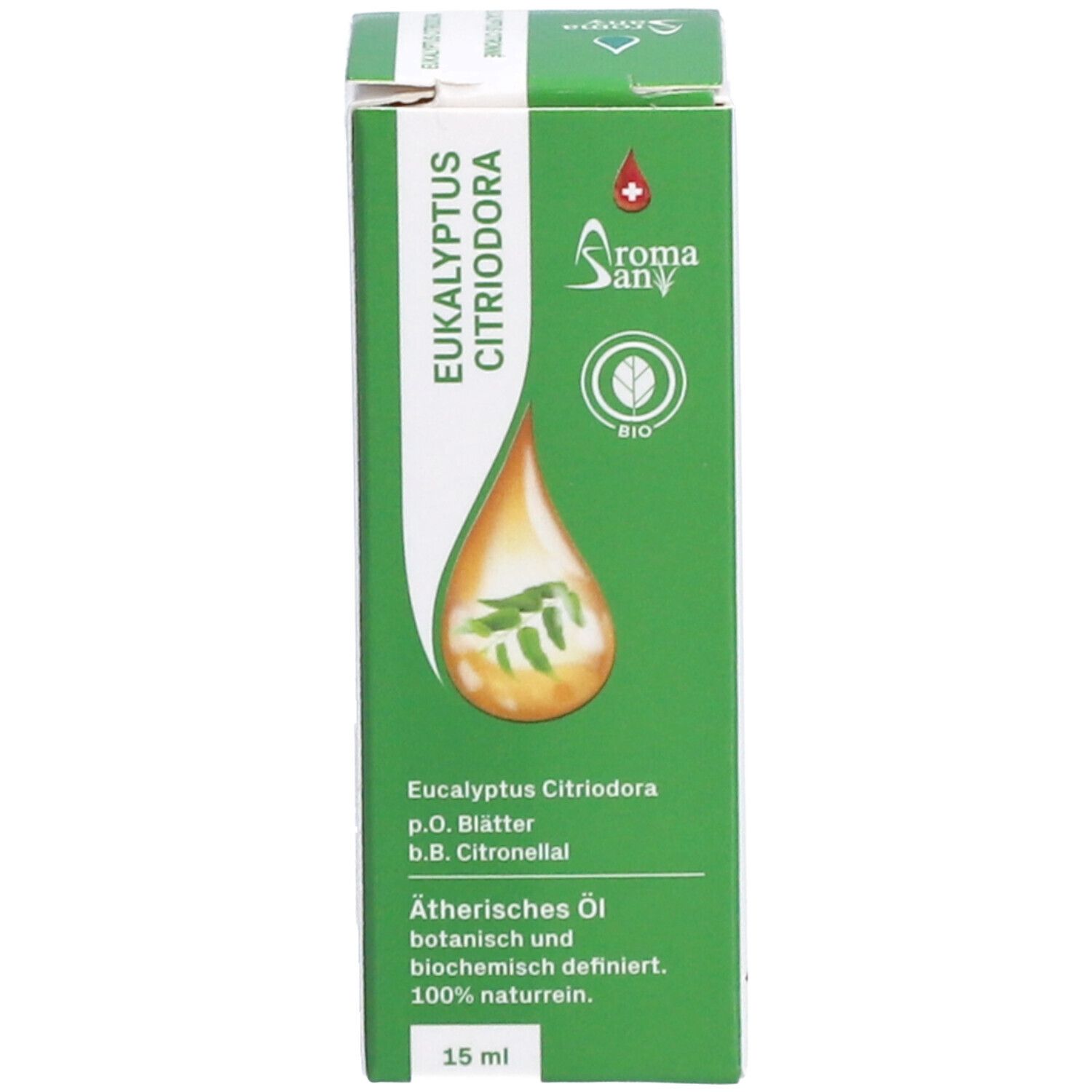 Grüne Verpackung mit Produktabbildung und Text. Aromasan Logo und Bio-Siegel.