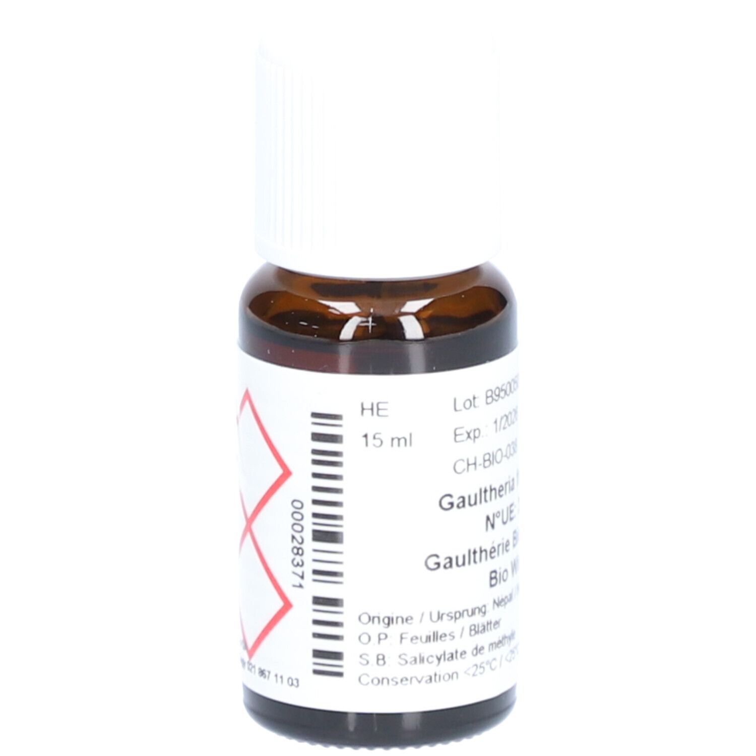 Braune Glasflasche mit weißem Deckel. Etikett mit Text und Gefahrensymbol. Aufschrift: Gautheria, 15 ml.