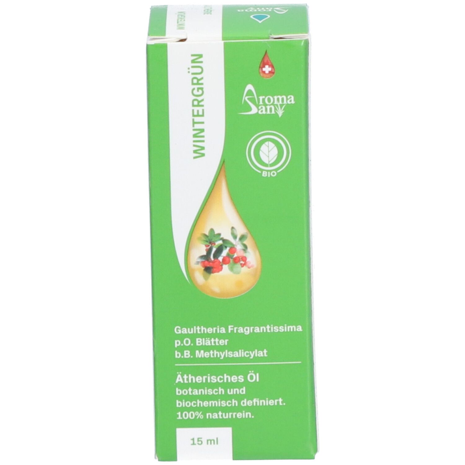 Grüne Schachtel mit Text: Wintergrün, Aromasan, 15 ml. Abbildung: Tropfen mit Blättern.