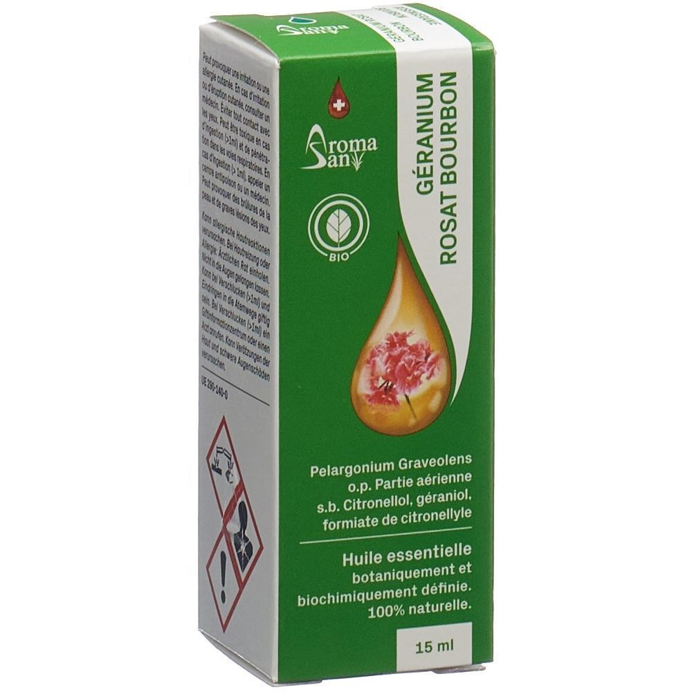 Grüne Schachtel mit AromaSan GÉRANIUM ROSAT BOURBON. Tropfen-Design mit Blüte. Text in Französisch.
