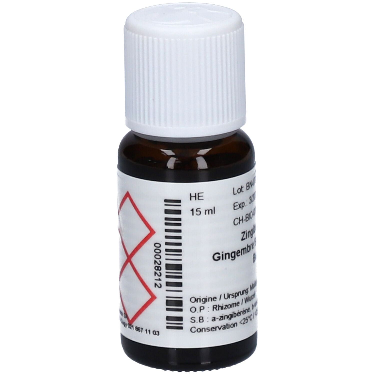 Braune Glasflasche mit weißem Deckel. Etikett mit Text und Gefahrensymbolen. 15 ml.