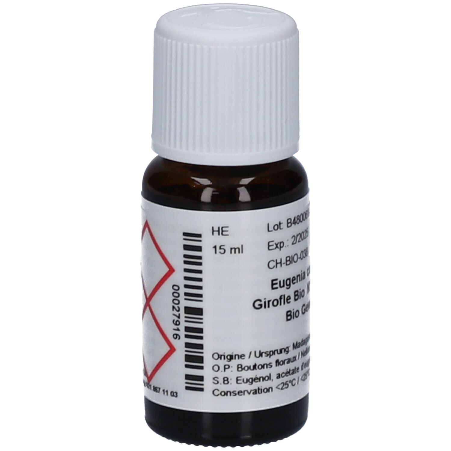 Braune Glasflasche mit weißem Deckel. Etikett mit Produktinformationen, 15 ml und Gefahrensymbolen. Text: Eugenia caryophyllata, Bio Gewürznelke.