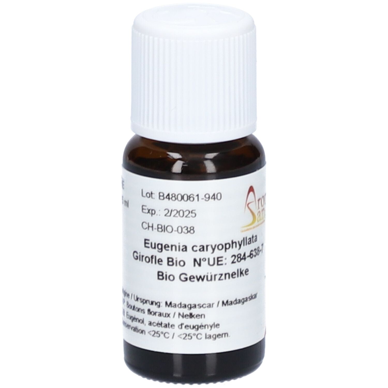 Braune Glasflasche mit weißem Deckel. Etikett mit Produktinformationen und Logo von Aromasan. Text: Eugenia caryophyllata, Bio Gewürznelke.