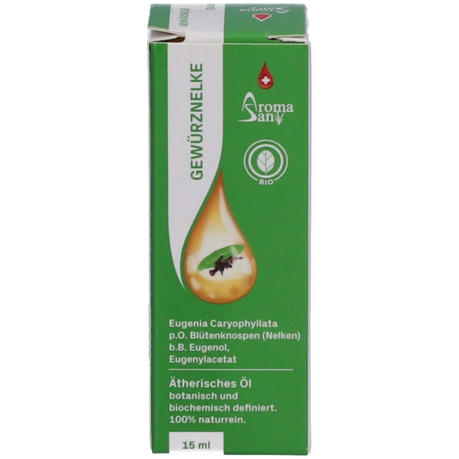 Grüne Verpackung mit Produktinformationen und Logo von Aromasan. Text: Bio Gewürznelke, Ätherisches Öl, 15 ml.