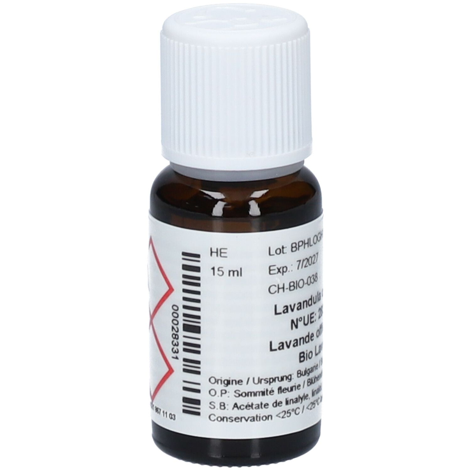 Braune Glasflasche mit weißem Deckel. Etikett mit Produktinformationen. 15 ml. Gefahrensymbole. Aromasan Logo. Lavandula officinalis.
