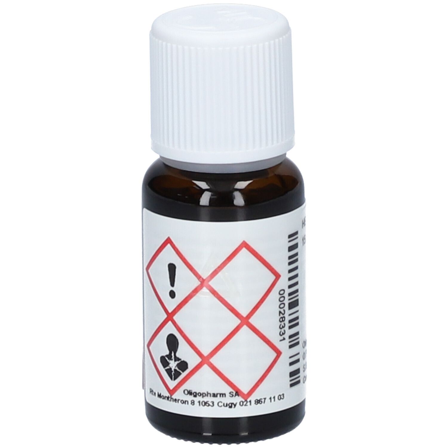 Braune Glasflasche mit weißem Deckel. Etikett mit Gefahrensymbolen. Aromasan Logo. Oligopharm SA. Lavandula officinalis.