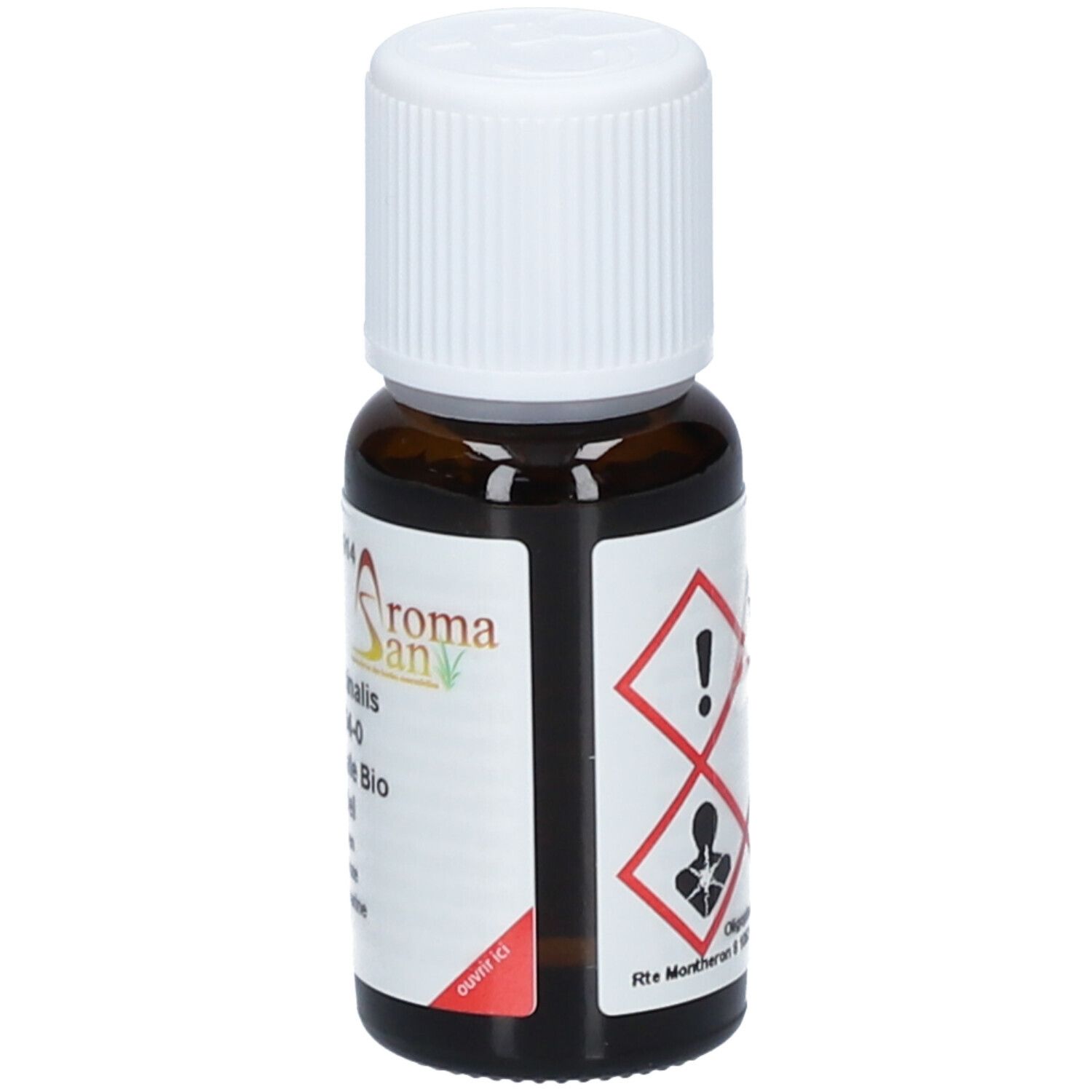 Braune Glasflasche mit weißem Deckel. Etikett mit Gefahrensymbolen. Aromasan Logo. Lavandula officinalis. Rote Ecke.